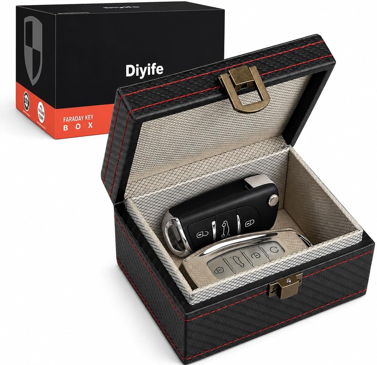 Shows the core product—a Faraday key box—with its protective storage case open to display car keys inside, communicating both the product and its intended use for secure key storage. Displays the…