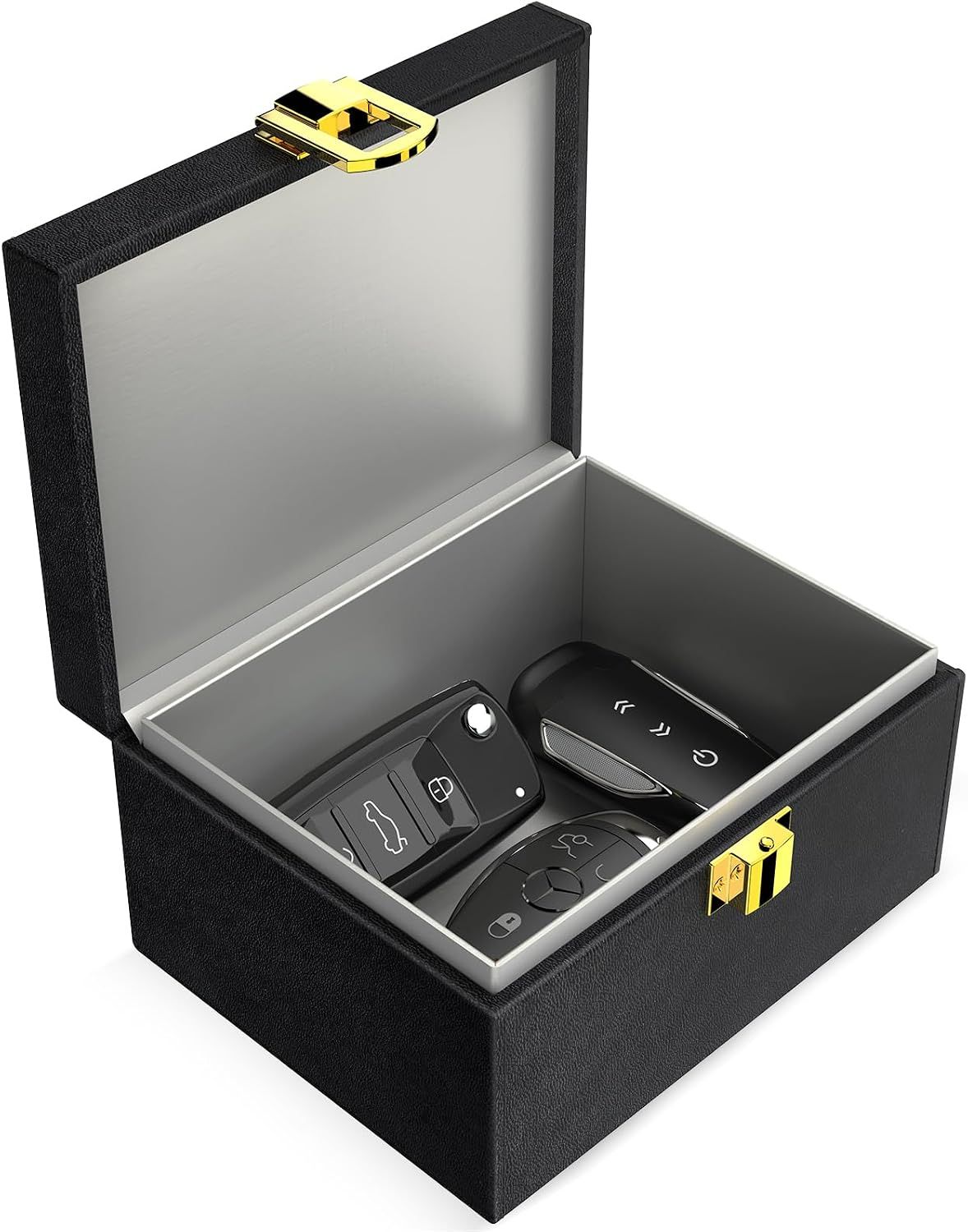 Shows the core product, a luxury storage box containing car key fobs, displayed in an open position to demonstrate its protective storage capability and premium presentation. Highlights the premium…