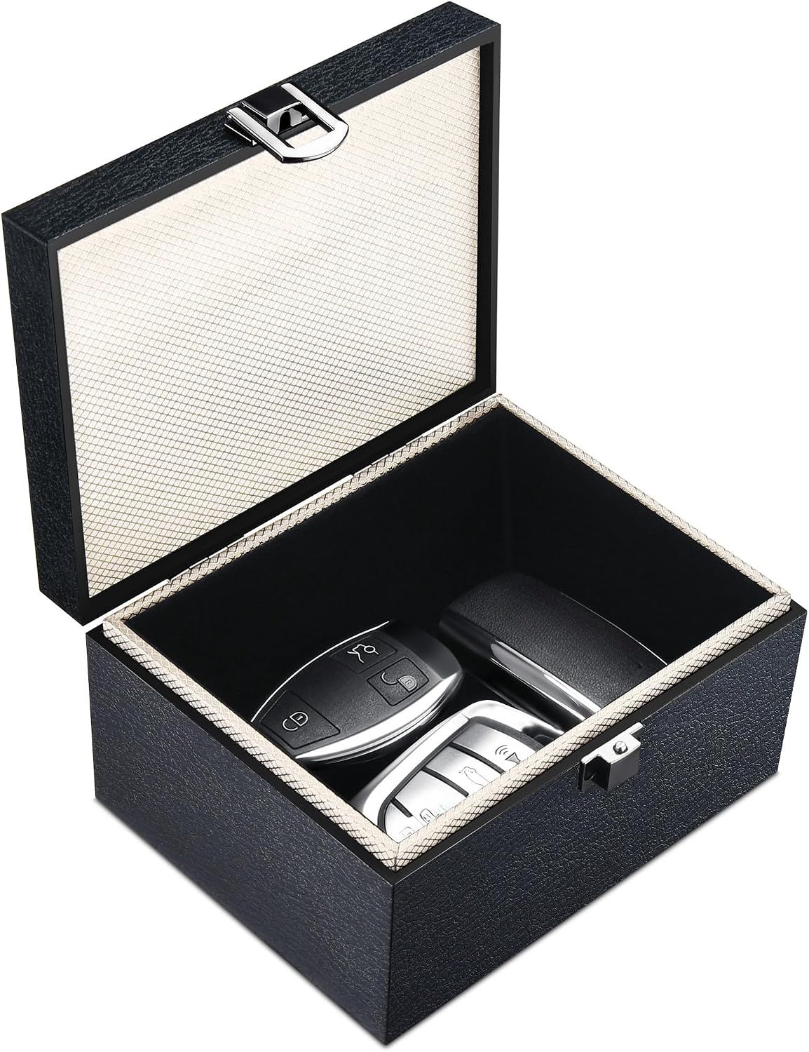 Shows the core product—a storage box designed to organize and protect car key fobs—displayed open to reveal its interior and contents. Demonstrates how the box functions as a secure storage solution…