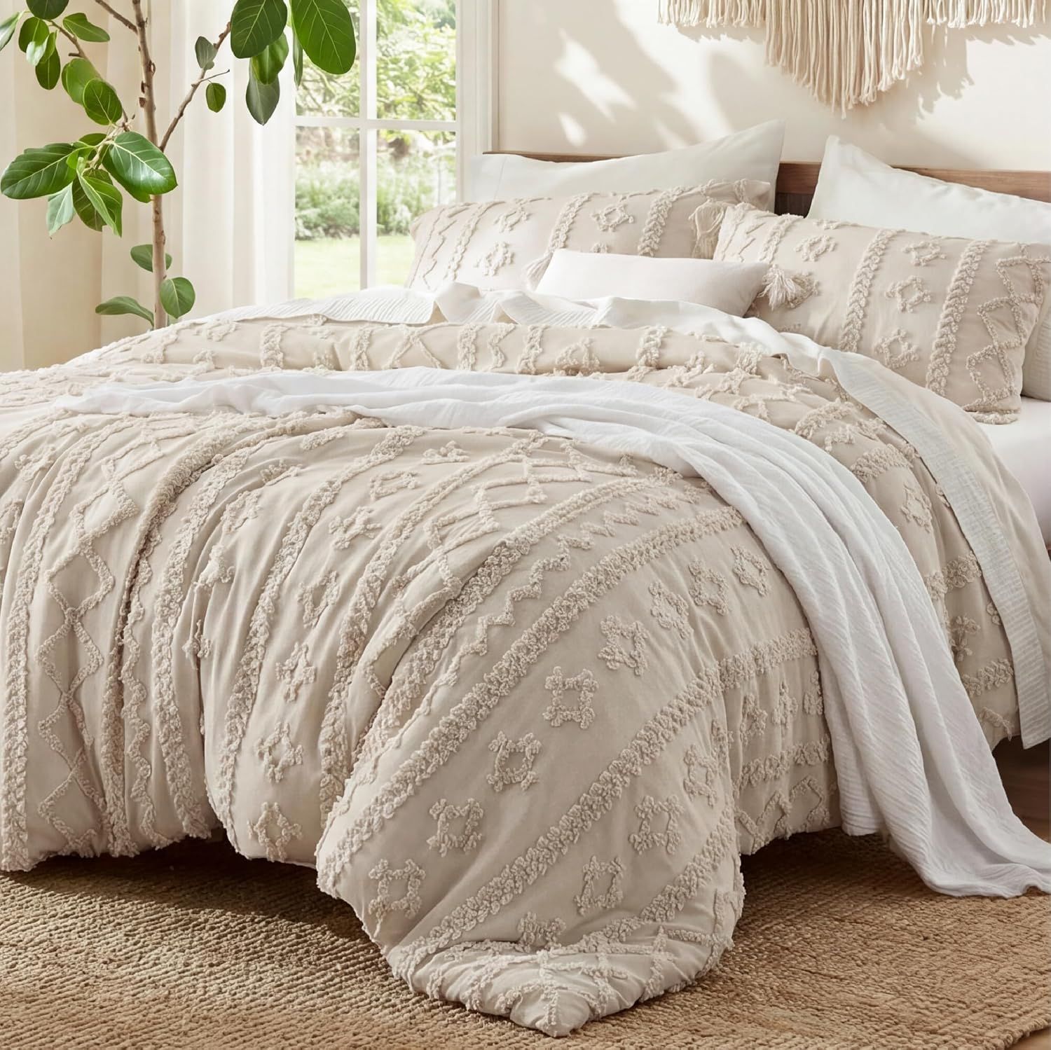 Showcases the complete bedding set with its distinctive textured tufted pattern in a neutral color palette, helping shoppers visualize the product's aesthetic and quality. Displays the bedding in a…