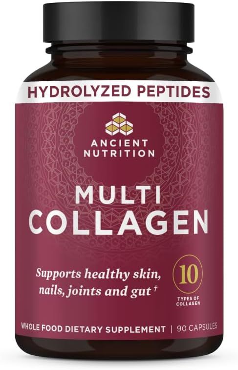 Displays the core product clearly to show shoppers what they will receive, emphasizing the multi-collagen formula with 10 types of collagen for skin, nails, joints, and gut health. Shows the retail…