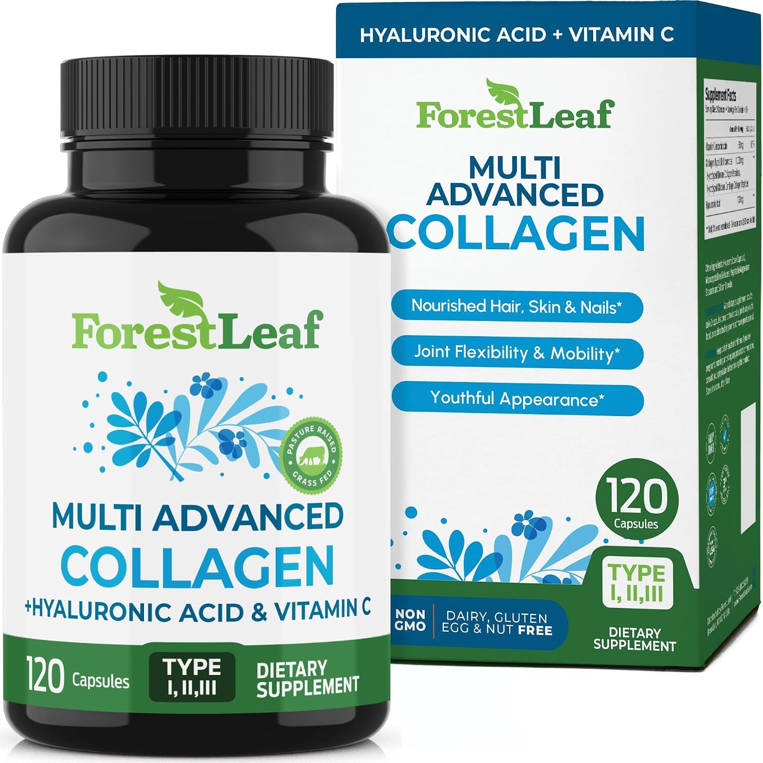 Displays the core sellable product - a collagen supplement bottle and its retail packaging - to show shoppers exactly what they will receive. Shows the physical retail packaging alongside the bottle…