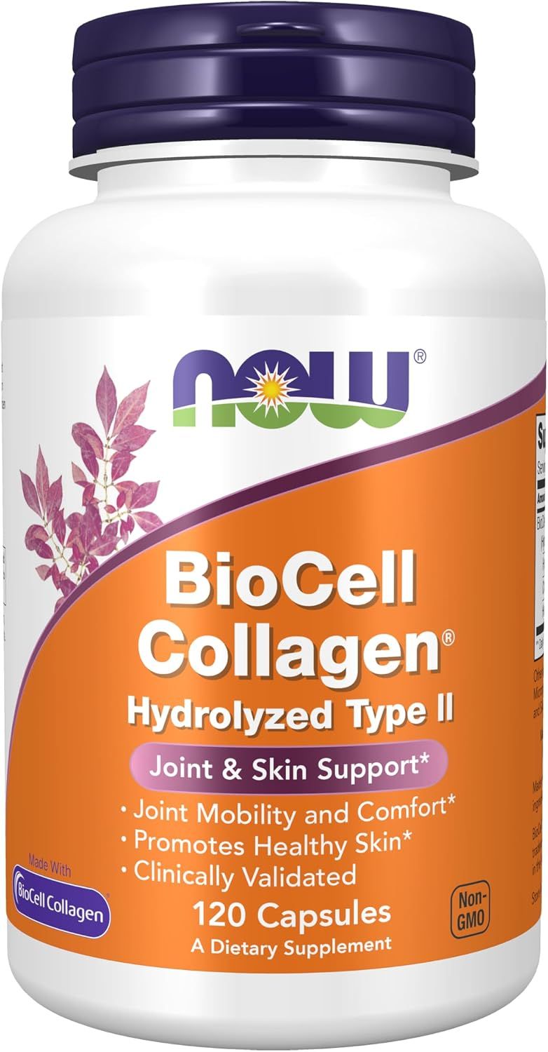 Displays the core product clearly with full branding and product information visible to help shoppers identify the BioCell Collagen supplement and understand its key benefits for joint and skin…