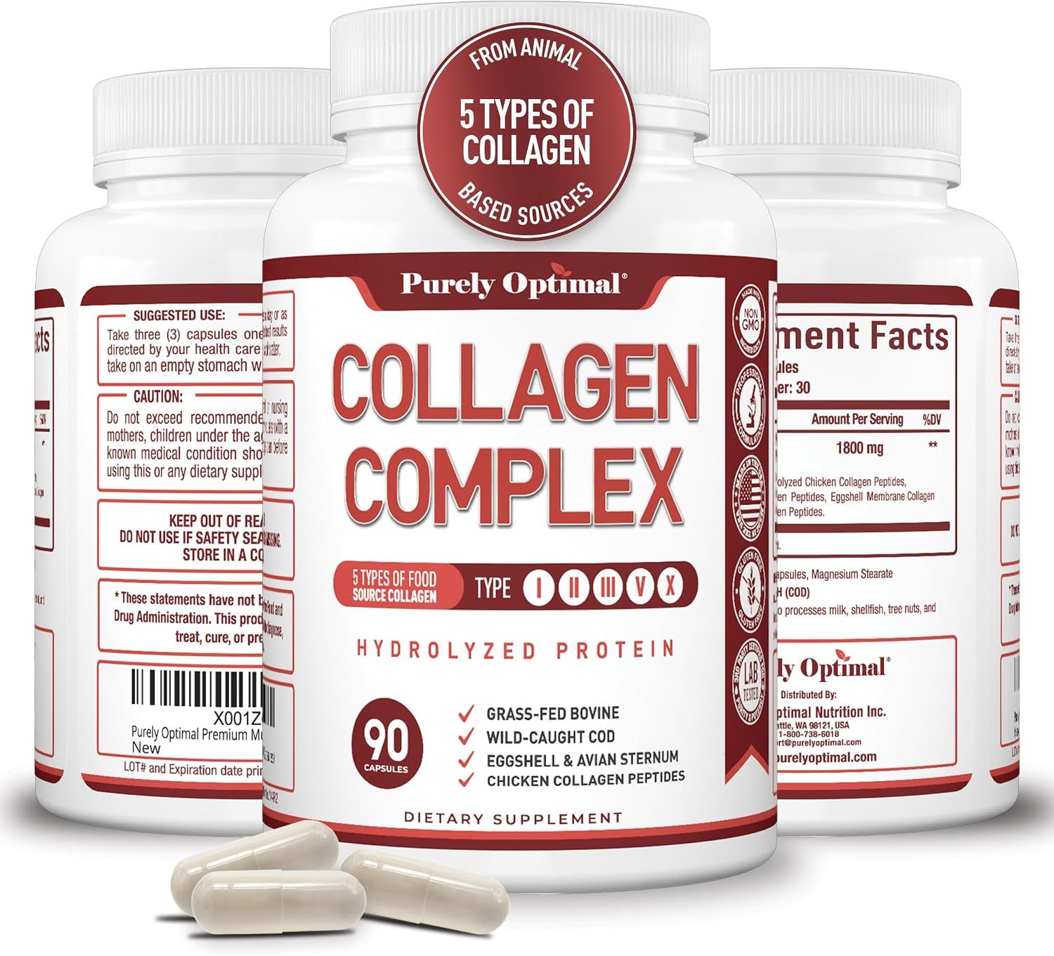 Shows the core product clearly with multiple bottles to emphasize availability and value, while displaying loose capsules to show the product form. Uses graphic overlays and badges to highlight key…