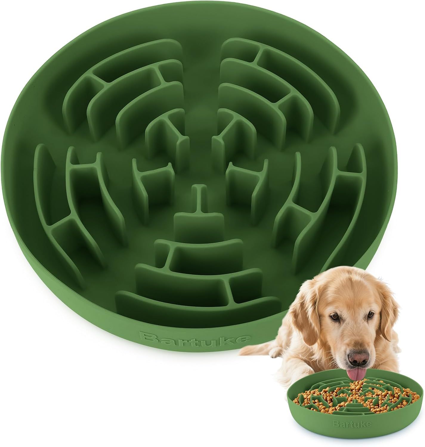 Shows the maze-like pattern of the slow feeder bowl and demonstrates its function with a dog using it, communicating how it slows down eating to promote healthier digestion. Demonstrates the product…