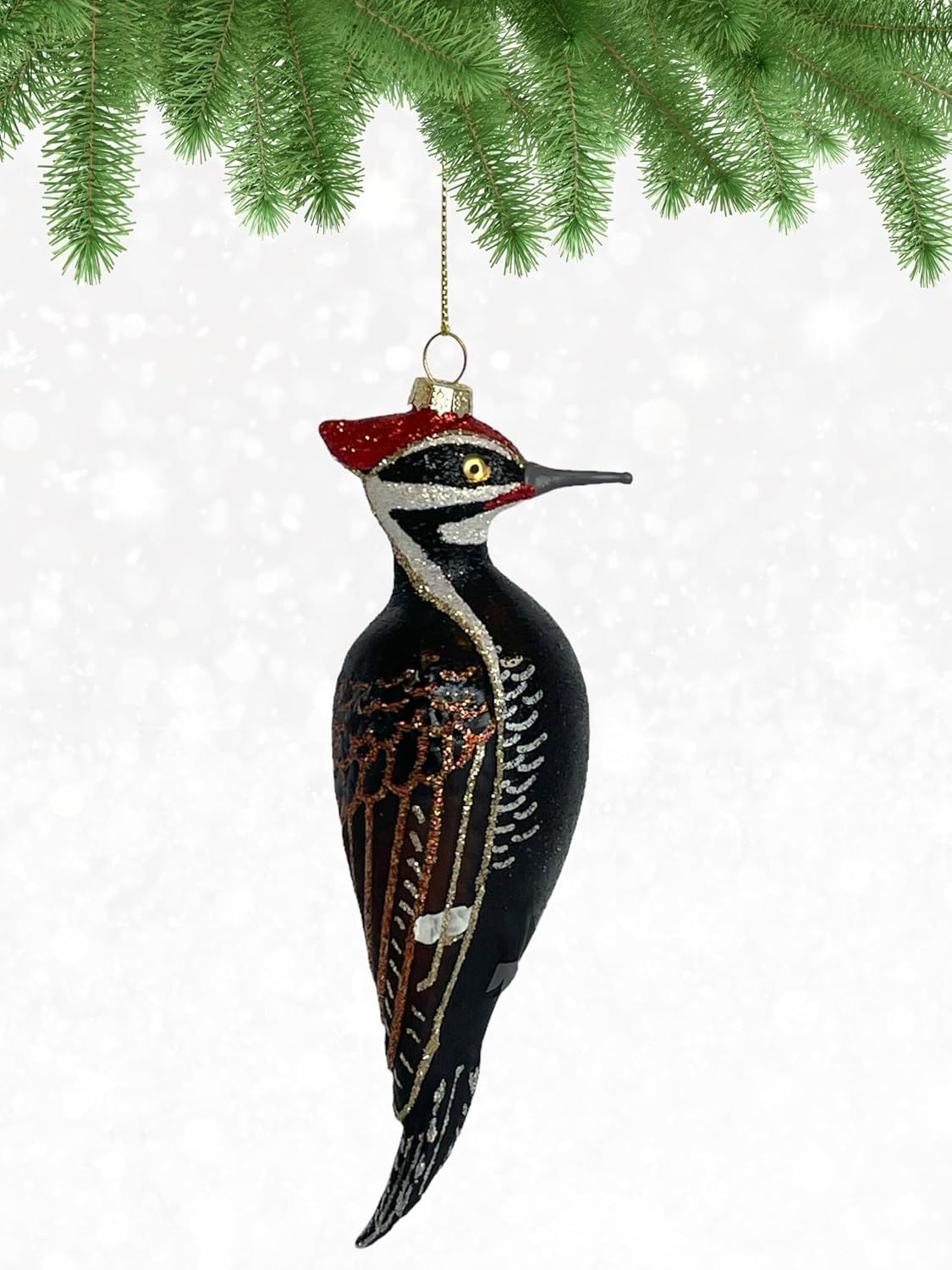Displays the core product, a decorative woodpecker Christmas ornament, clearly showing its detailed design and craftsmanship to help shoppers visualize the item they will receive. Shows the ornament…