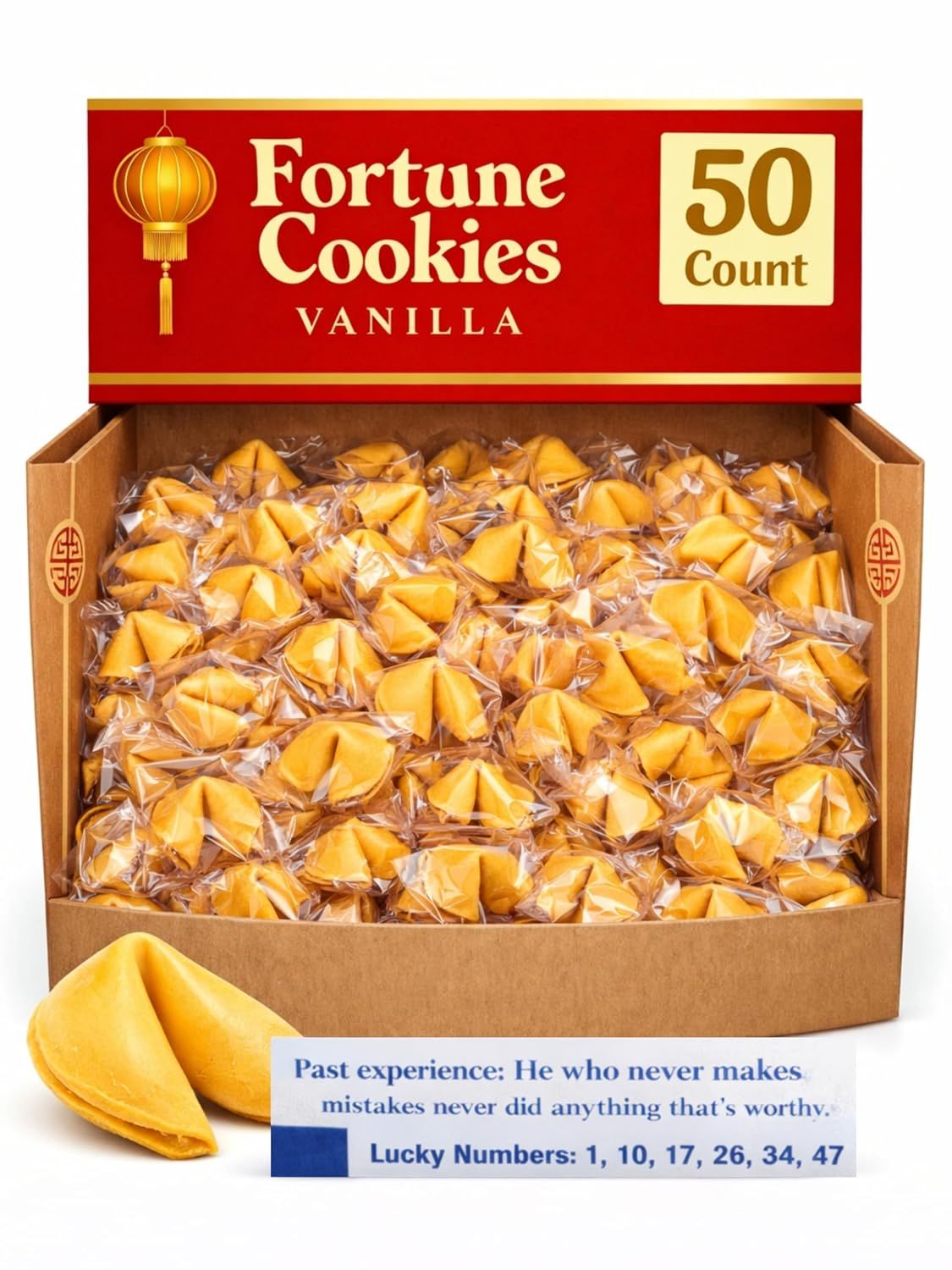 Shows the core product—a 50-count box of vanilla fortune cookies—clearly displayed with packaging and individual cookies to communicate quantity, format, and what the buyer receives. Displays the…
