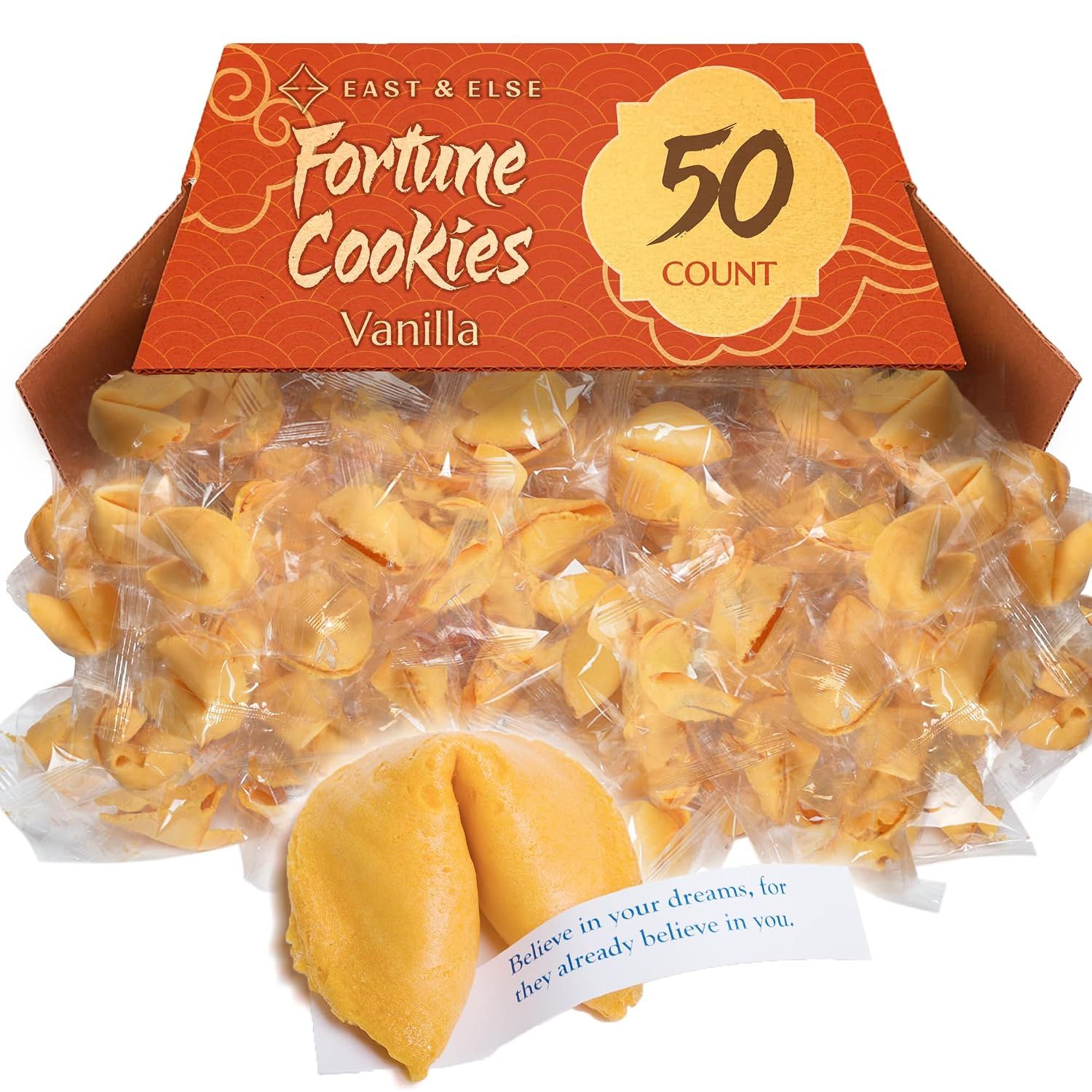 Shows the complete product offering—a 50-count box of vanilla fortune cookies with retail packaging—to communicate quantity, flavor, and what the buyer will receive. Displays the physical retail…