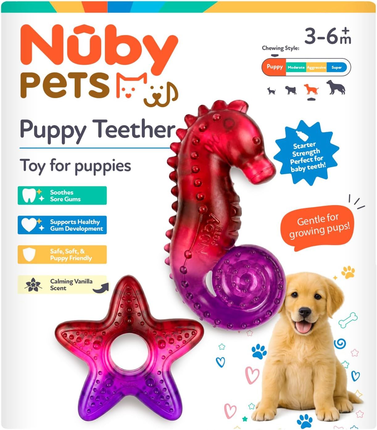 Displays the core sellable product - two colorful teething toys designed for puppies aged 3-6 months, showing their distinctive seahorse and starfish shapes with textured surfaces. Shows the retail…