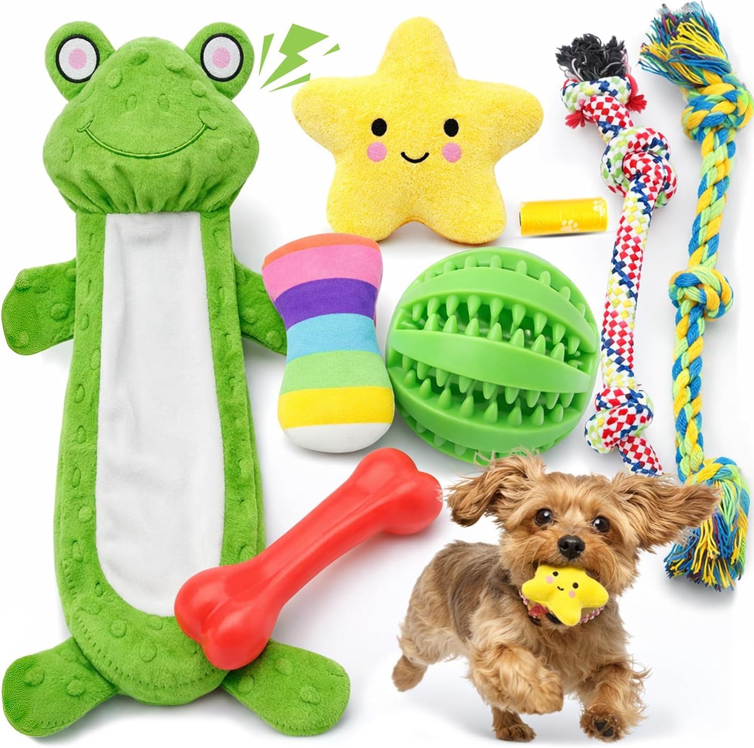 Displays the complete set of dog toys included in the purchase, showing variety and value to reassure buyers they are getting a comprehensive toy collection for their pet. Uses graphic action lines…
