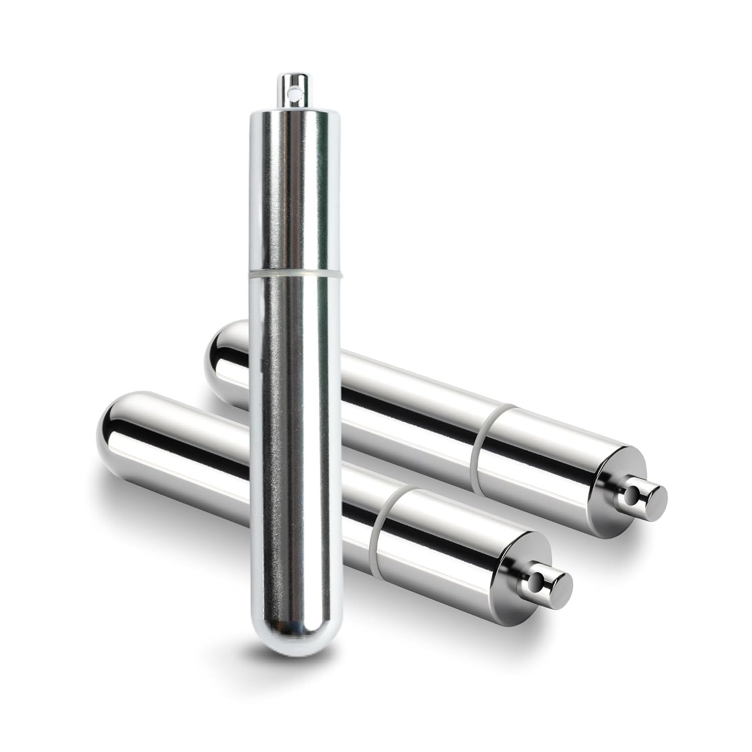 Displays the core product clearly on a white background to show the sleek stainless steel design and cylindrical form of what appears to be salt and pepper grinders or similar kitchen tools. Uses…