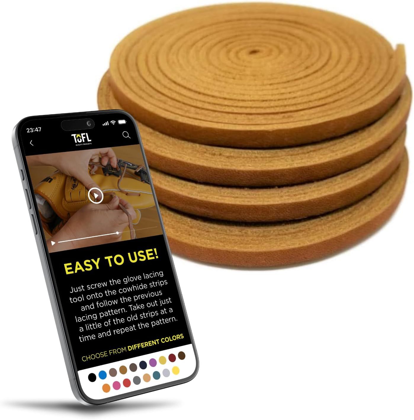 Shows the core product—stacked leather lacing strips—clearly displayed to communicate what the buyer will receive. Uses a smartphone graphic overlay with instructional text and color options to…