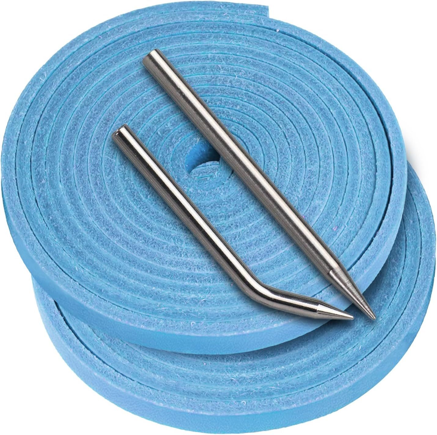Displays the core sellable product (blue rolled material) along with included metal tools to show the buyer exactly what they will receive in the purchase. Shows the additional metal tool…