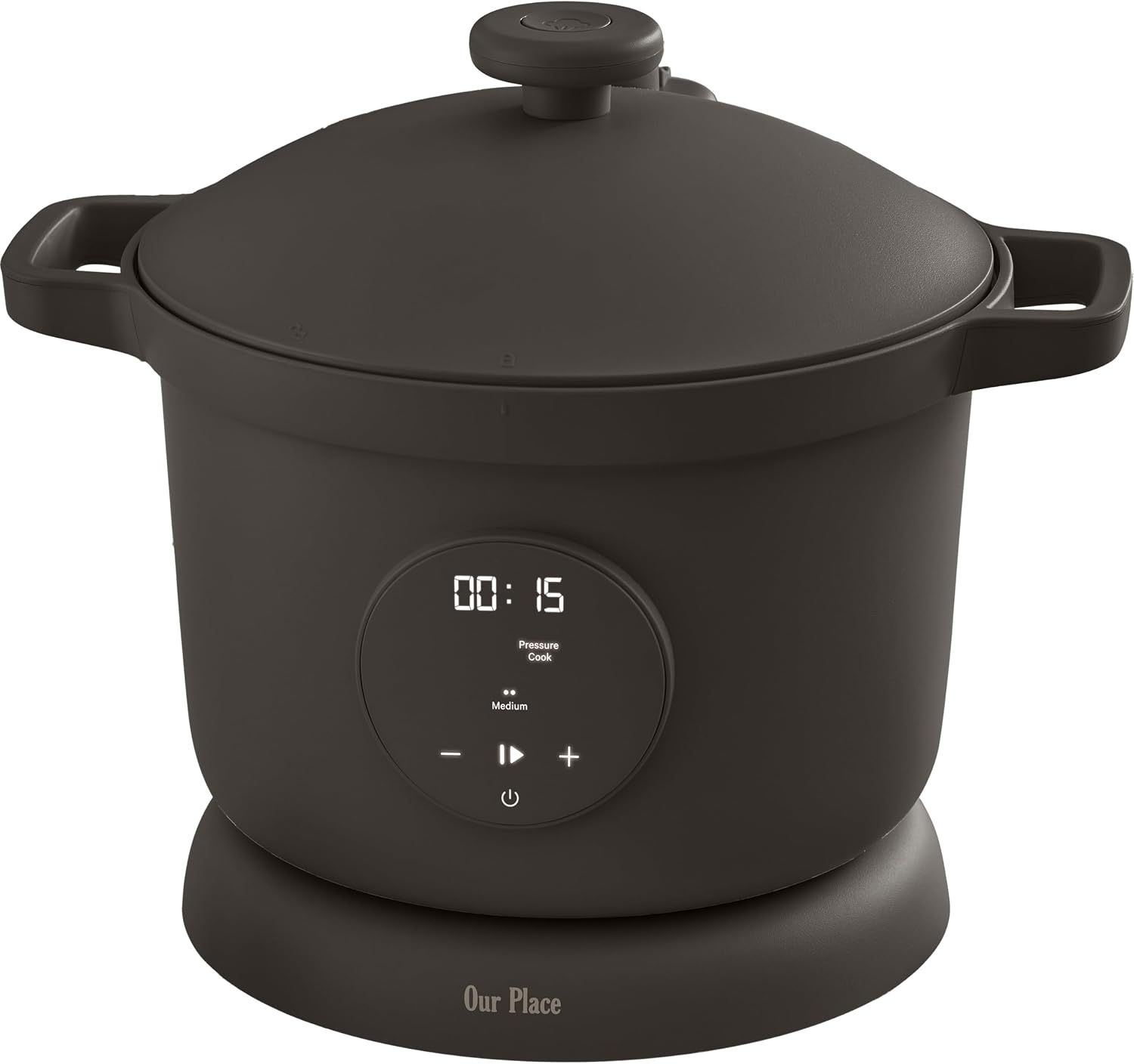 Displays the core product clearly to show shoppers what they will receive, featuring the pressure cooker's design, digital timer display, and control interface. Uses a light neutral background to…