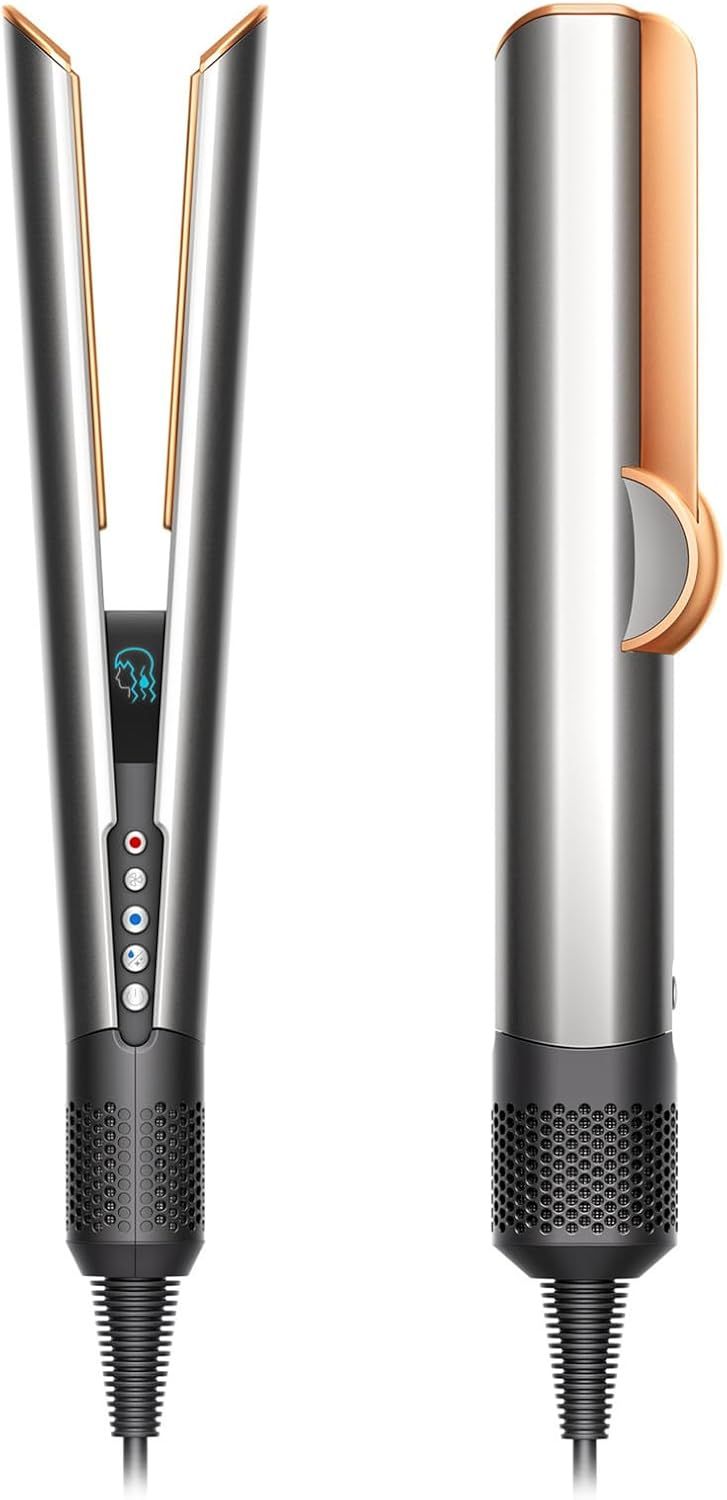 Shows the hair styling tool from two angles to give shoppers a complete view of the product design, controls, and build quality. Uses subtle shadowing and a light gradient background to give the…