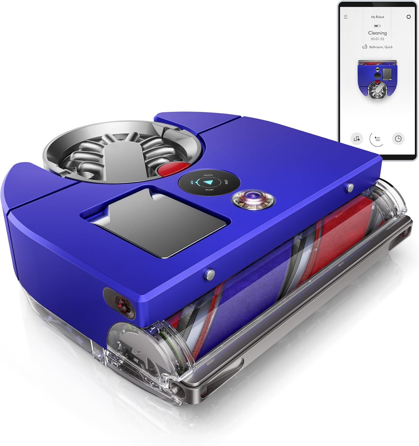 Displays the core robotic vacuum product with a transparent view of its internal mechanisms and app connectivity to communicate advanced technology and smart home integration. Demonstrates the…