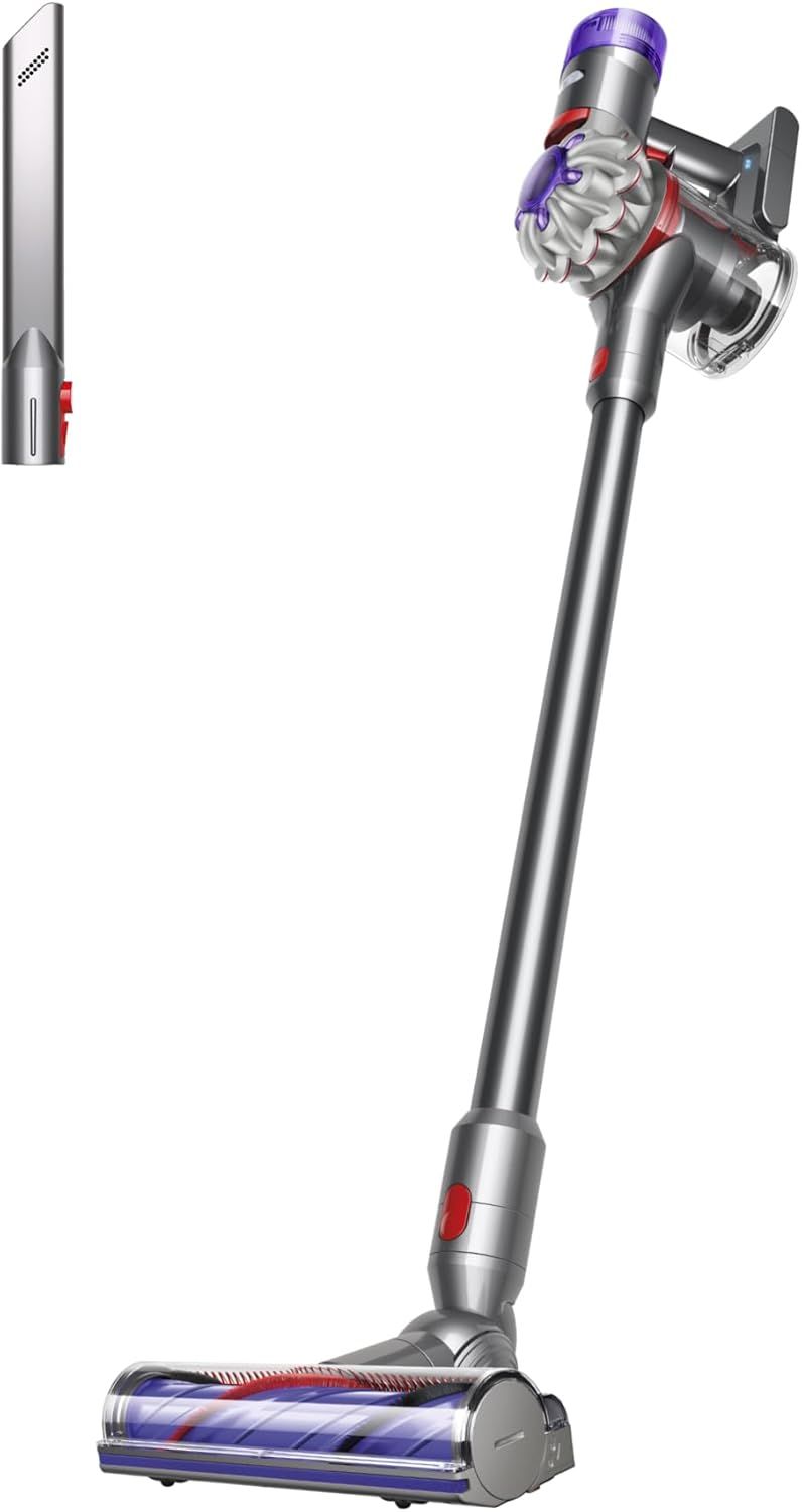 Displays the complete cordless vacuum cleaner with its full-length stick design and motorized floor head, allowing shoppers to see the product's form factor and key components clearly. Shows the…