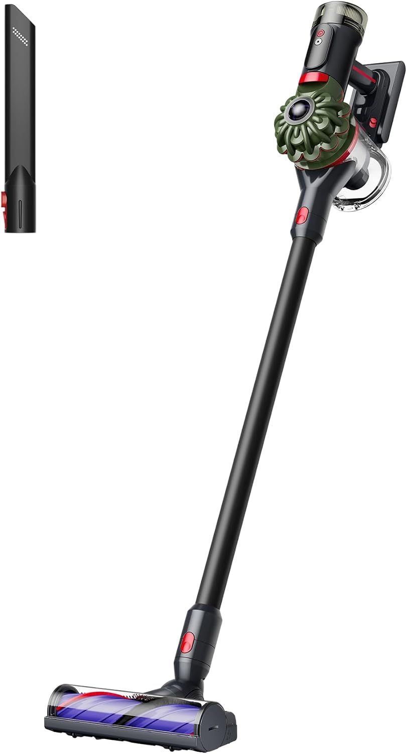 Displays the complete cordless vacuum cleaner in its full form to show shoppers the product's sleek design, components, and overall appearance. Shows the vacuum in both its full extended form and…