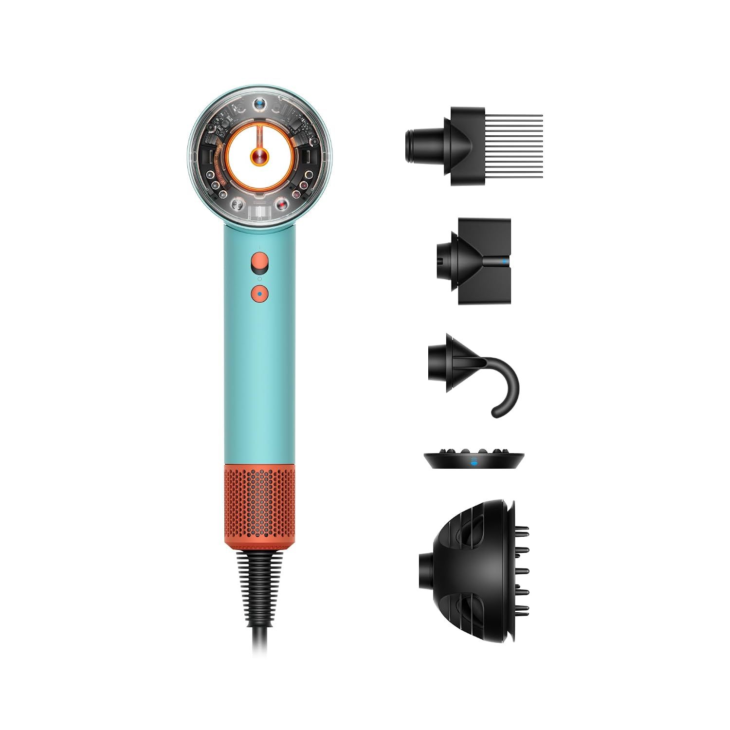 Shows the core product clearly with its distinctive turquoise and copper design, allowing shoppers to see exactly what they are purchasing. Displays all the included accessories and attachments that…
