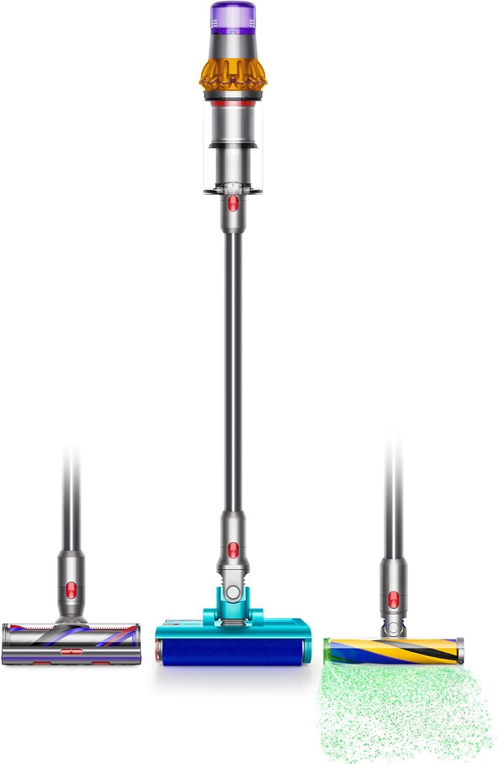 Displays the core product—a stick vacuum with its main body and motor unit—clearly visible on a white background for catalog presentation. Shows three different cleaning head attachments that come…