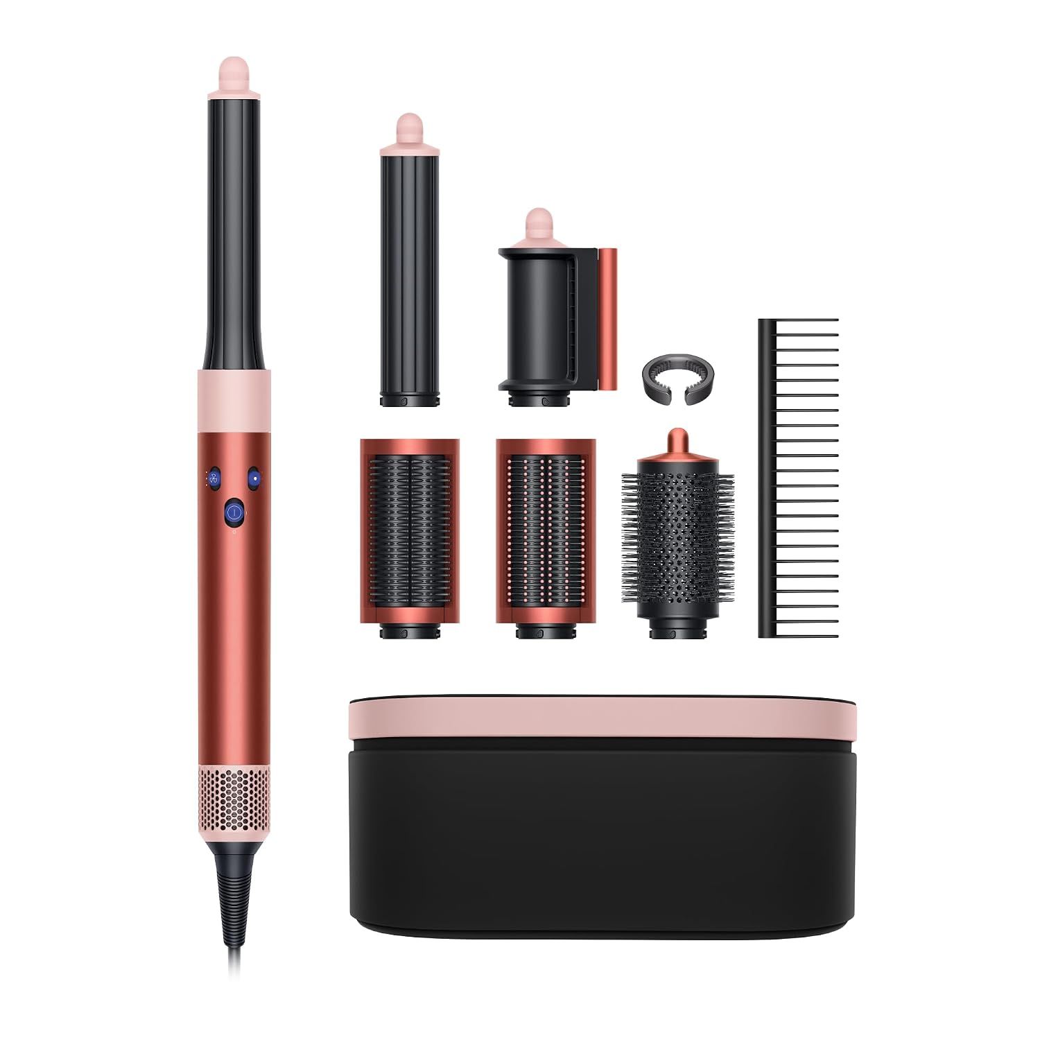 Displays the core hair styling device and all its components to show shoppers exactly what they will receive and the versatility of the styling system. Showcases all included accessories and…