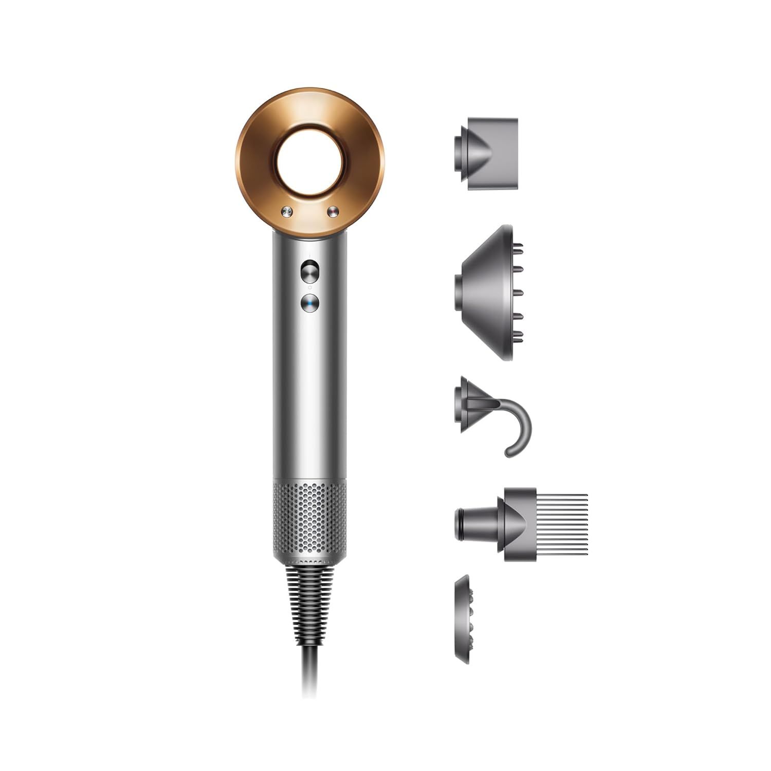 Displays the core product clearly with its distinctive circular head and metallic finish to communicate quality and modern design. Shows all included accessories and attachments such as diffuser,…