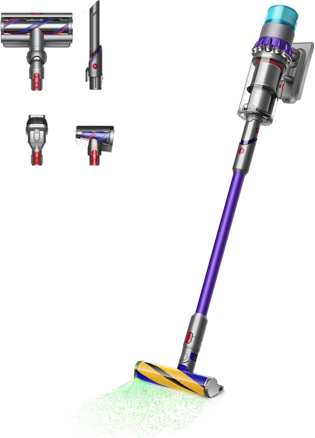 Displays the core vacuum product prominently with a clean white background to show the design, color, and form factor clearly to shoppers. Shows the various included accessories and attachment tools…