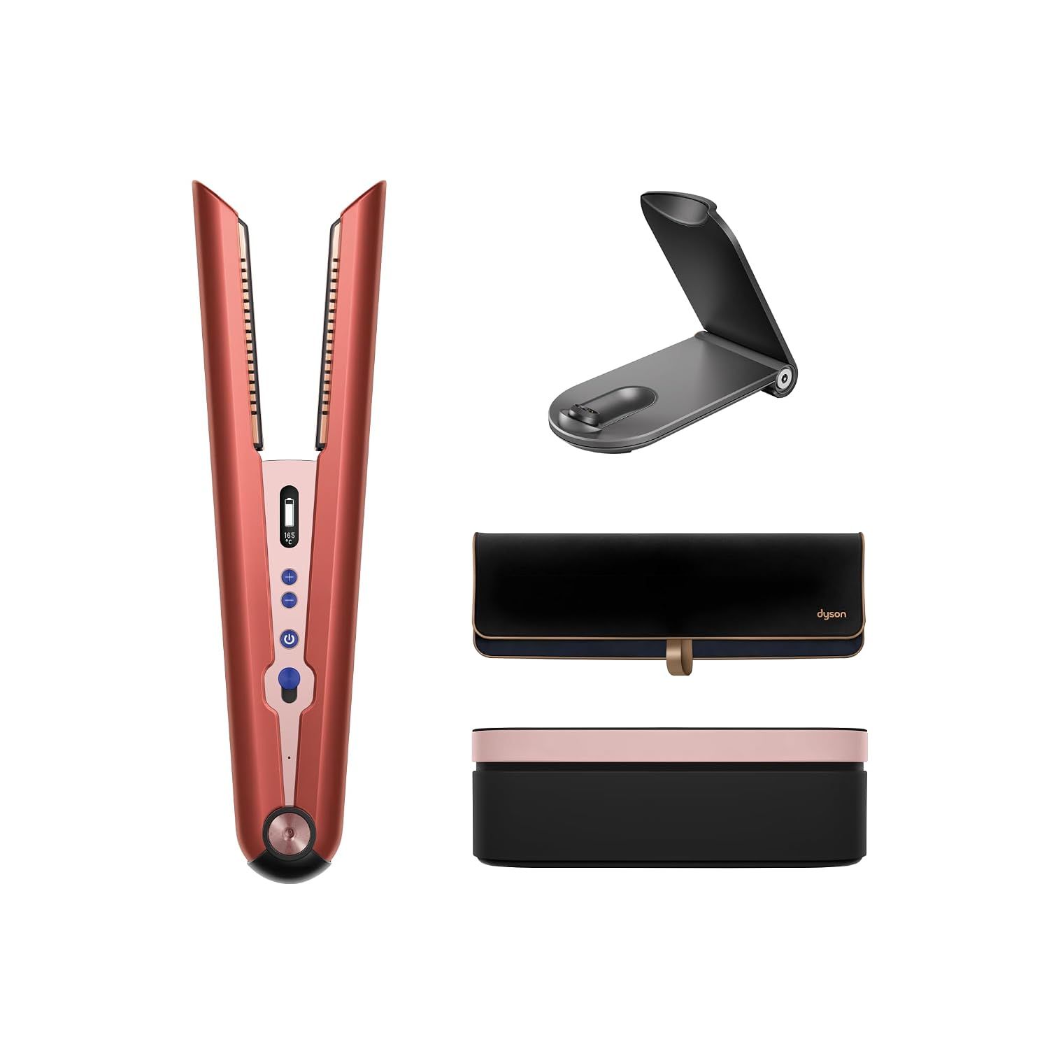Shows the core hair straightener product clearly on a clean white background, allowing shoppers to see the design, color, and form factor of the main item. Displays the additional accessories…