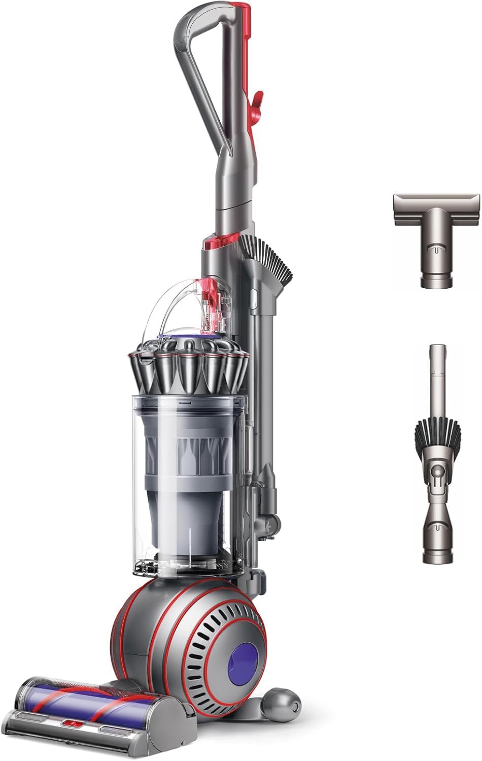 Displays the core vacuum cleaner product clearly on a white background to show shoppers the full design and build of the item they are purchasing. Shows the additional cleaning attachments and…