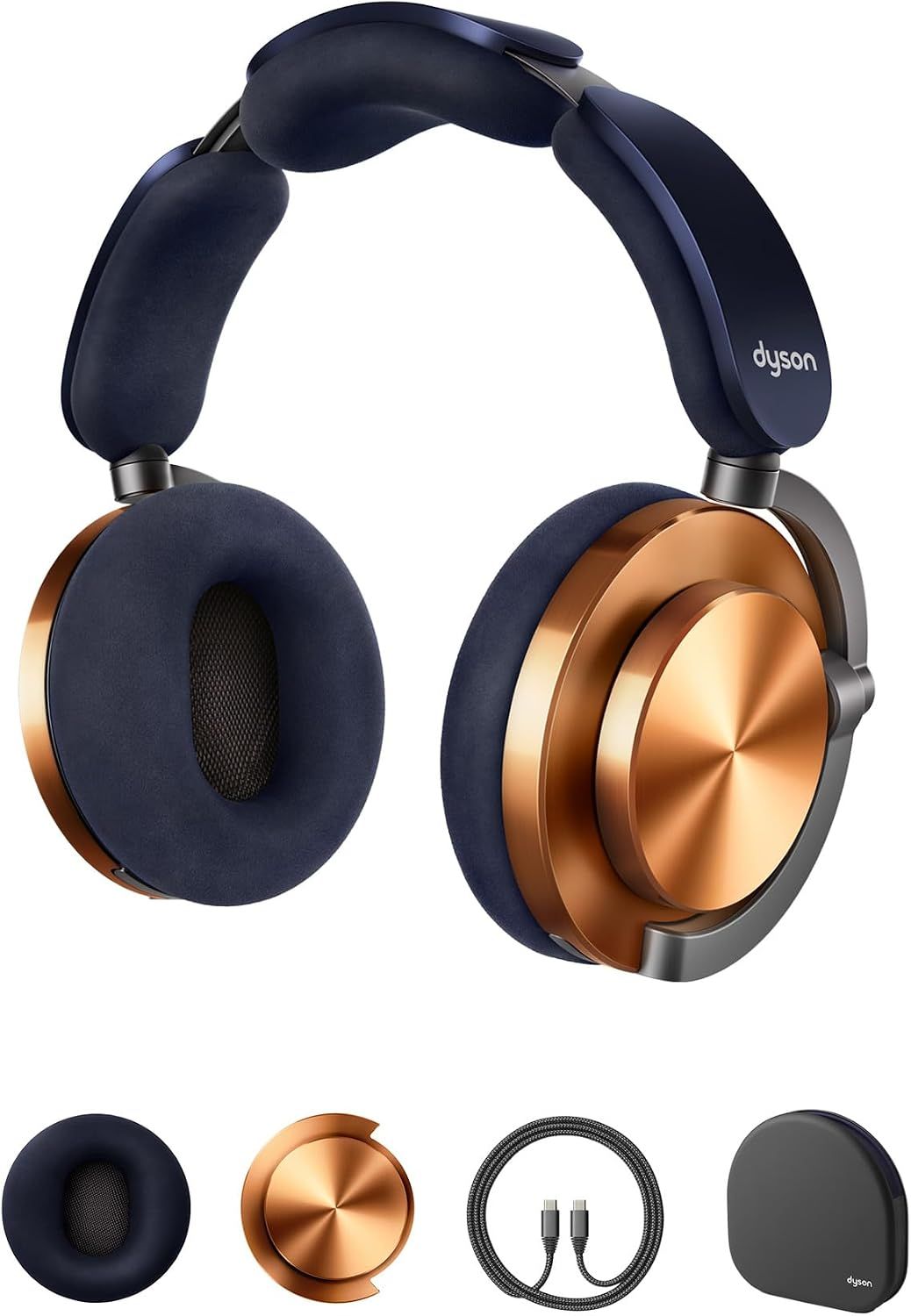 Displays the core Dyson headphones product with its premium copper and navy design, along with included accessories like ear cushions, cable, and carrying case to show the complete package the buyer…
