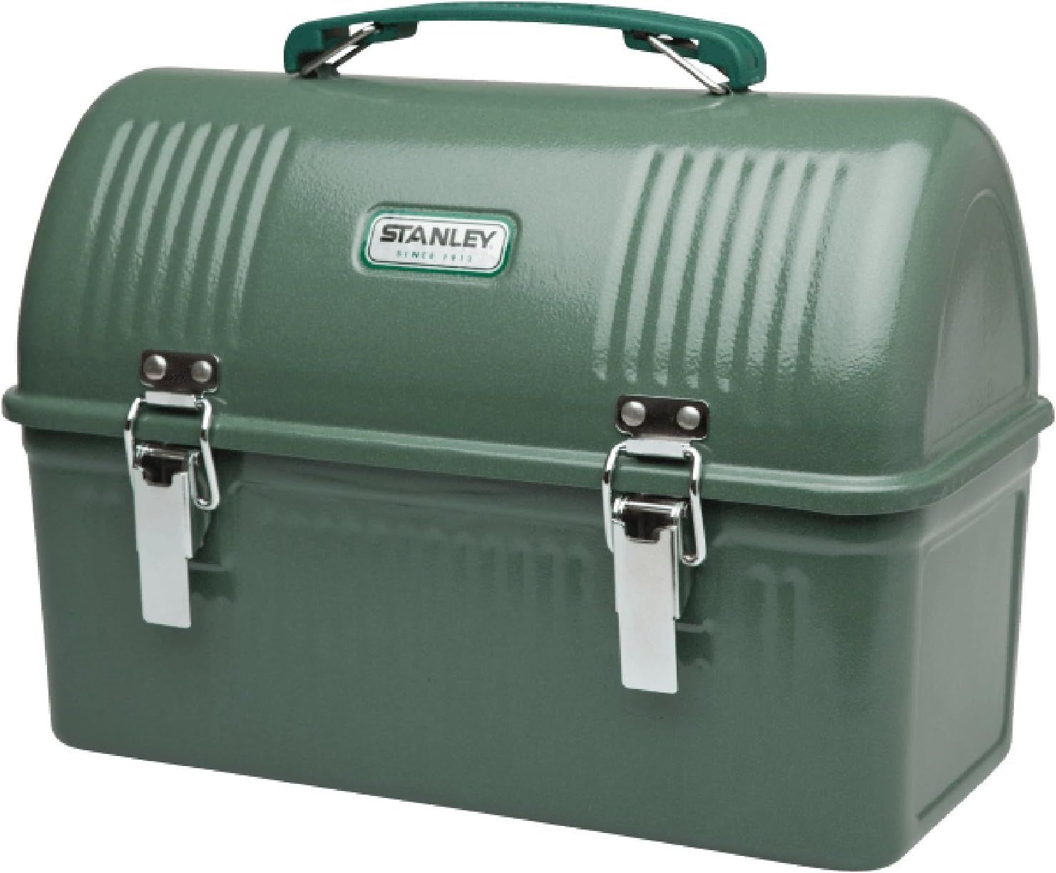 Displays the Stanley lunch box clearly on a white background to show its vintage-inspired design, metal latches, carrying handle, and overall construction to help shoppers evaluate the product.