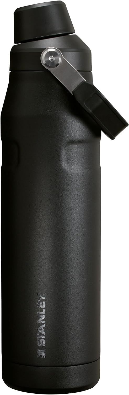 Displays the core product clearly on a clean white background to show the bottle's sleek design, matte black finish, and convenient folding handle feature.