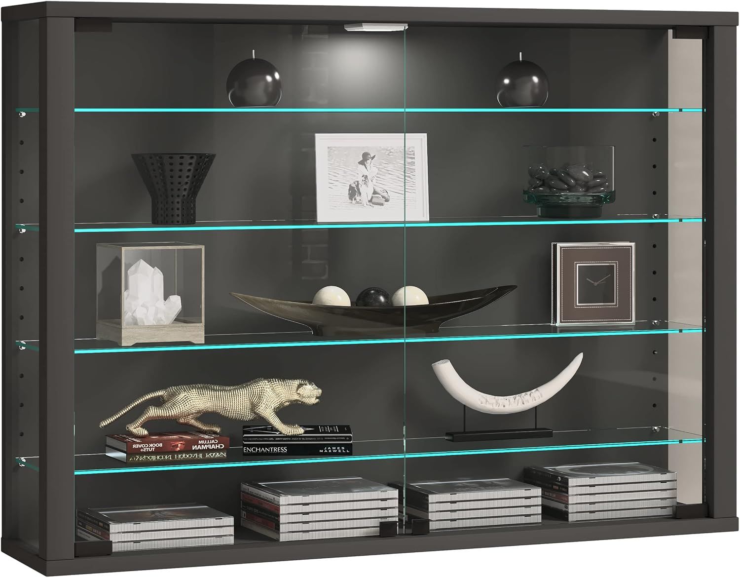 Shows the core product, a modern display cabinet with glass shelves and LED lighting, allowing shoppers to see the full design, size, and styling capabilities of the unit. Uses a dark gray/black…