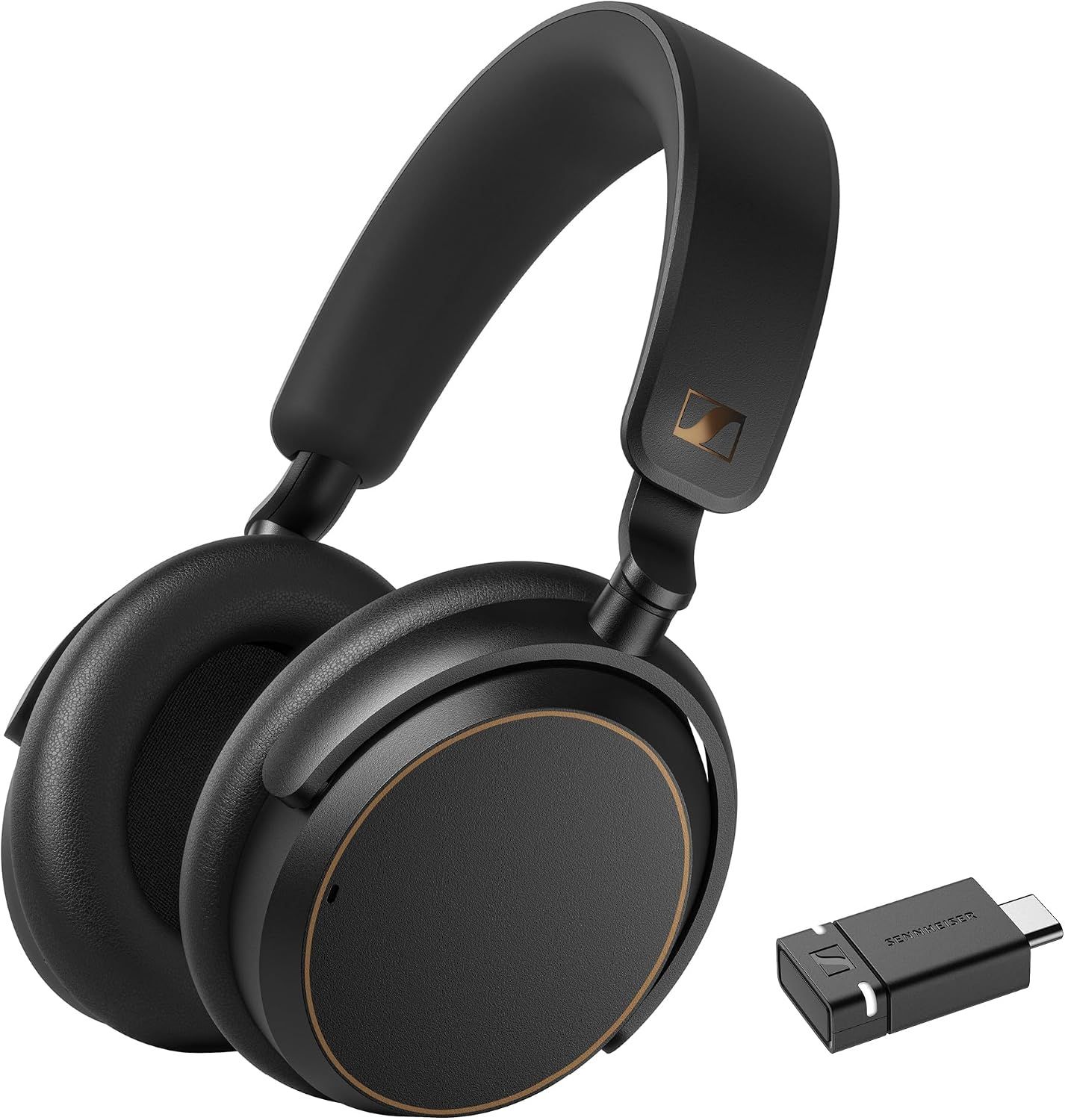Shows the full wireless headset on a clean white catalog background so the shopper sees the core item clearly. Shows the included USB-C Bluetooth dongle beside the headset so the buyer knows it…