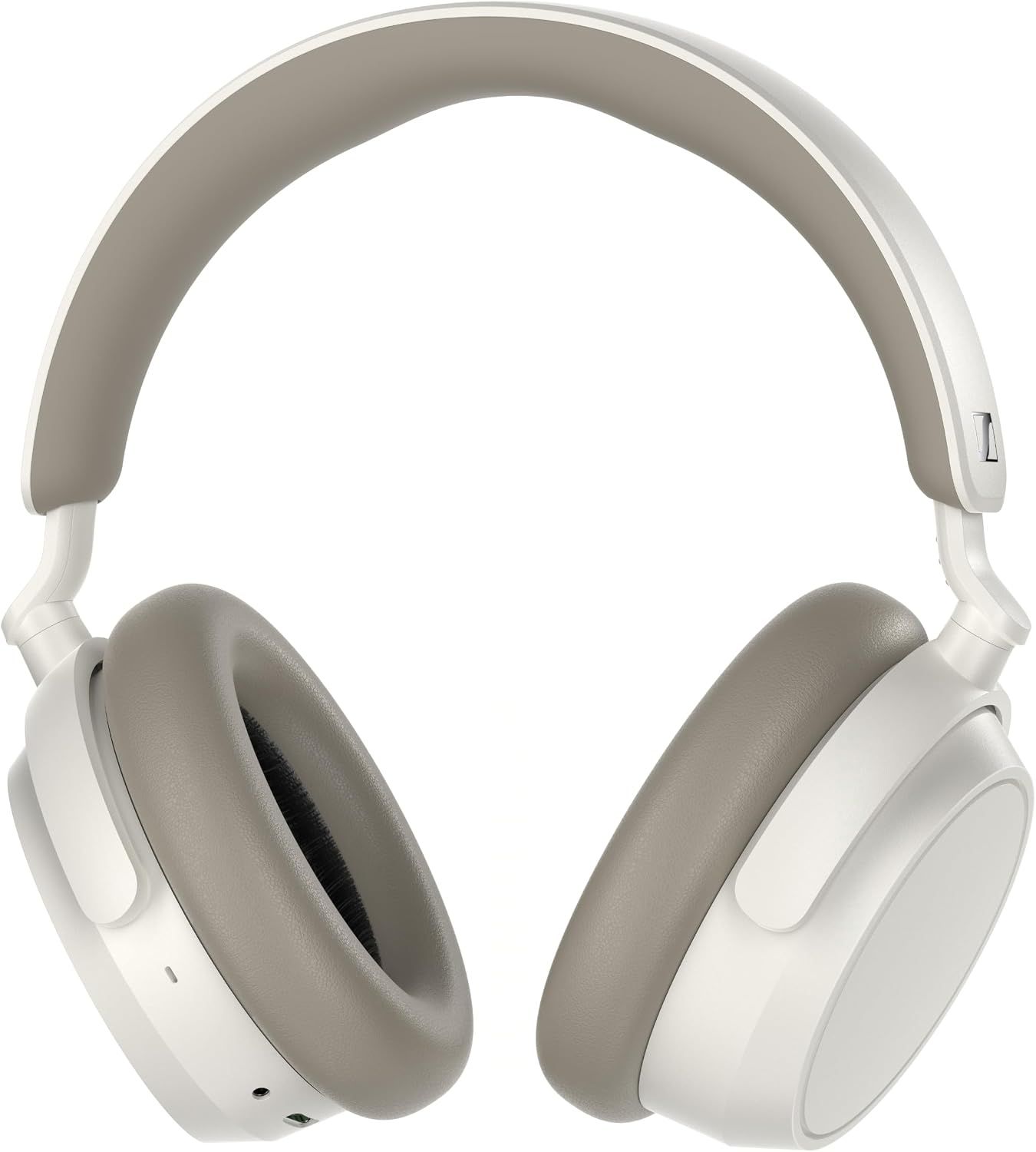 Shows the white ACCENTUM Plus headphones front-on so the shopper can see the color and ear cushion design.