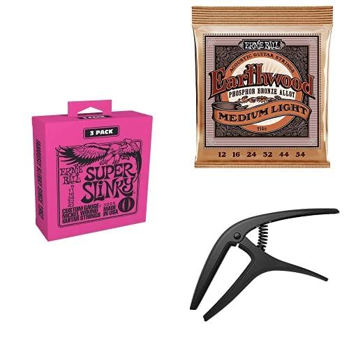 Shows the string sets as the core item so buyers see the pack and gauge options. Shows a capo beside the strings so buyers see a bonus accessory included with the purchase.