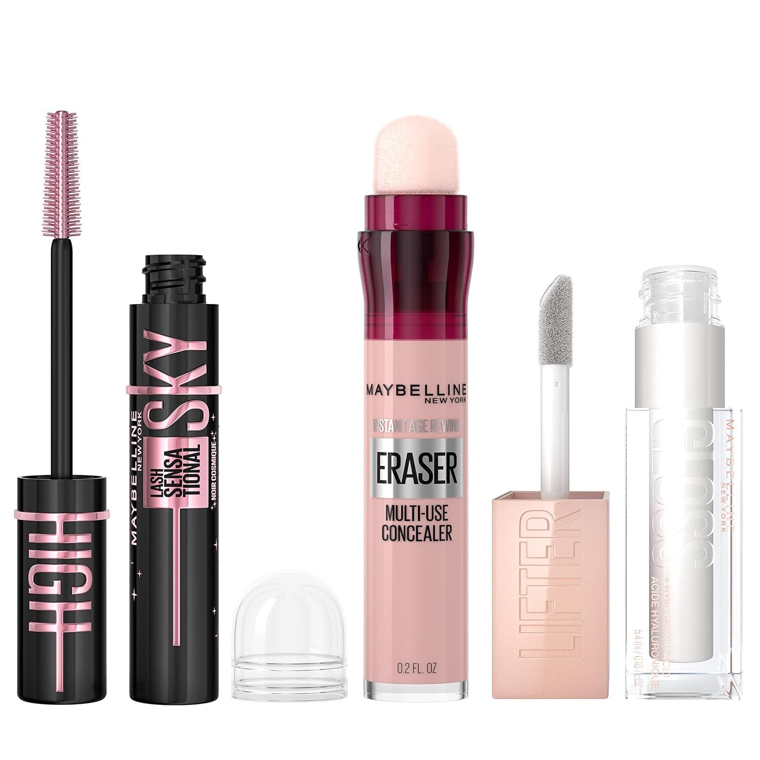 Shows the full set of makeup items in one view so the buyer sees everything included. Shows the extra included makeup items beyond the mascara so the buyer knows what else they receive.