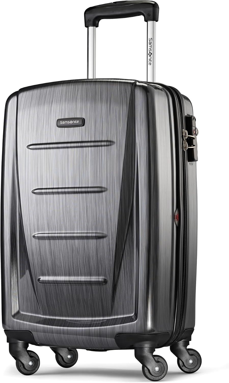 Shows the single 20-inch hardside case with spinner wheels so the buyer can judge its size and build.
