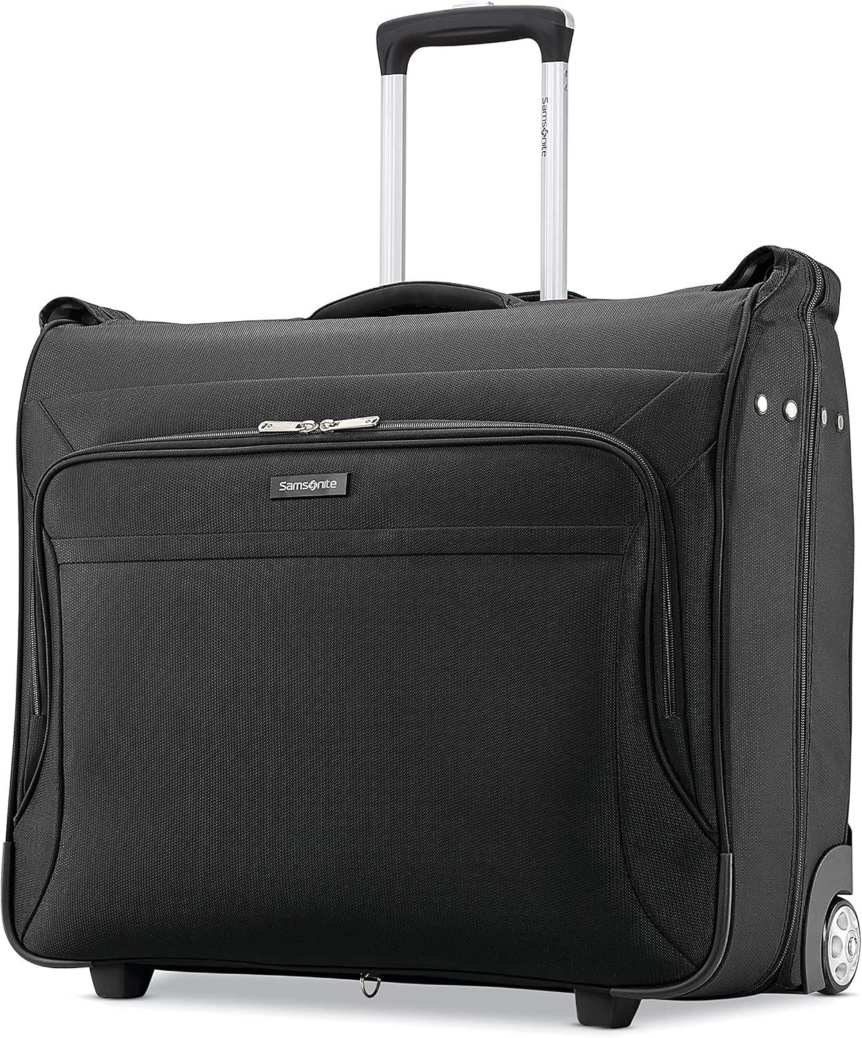 Shows the rolling garment bag and its extended handle so travelers can judge how it carries suits.