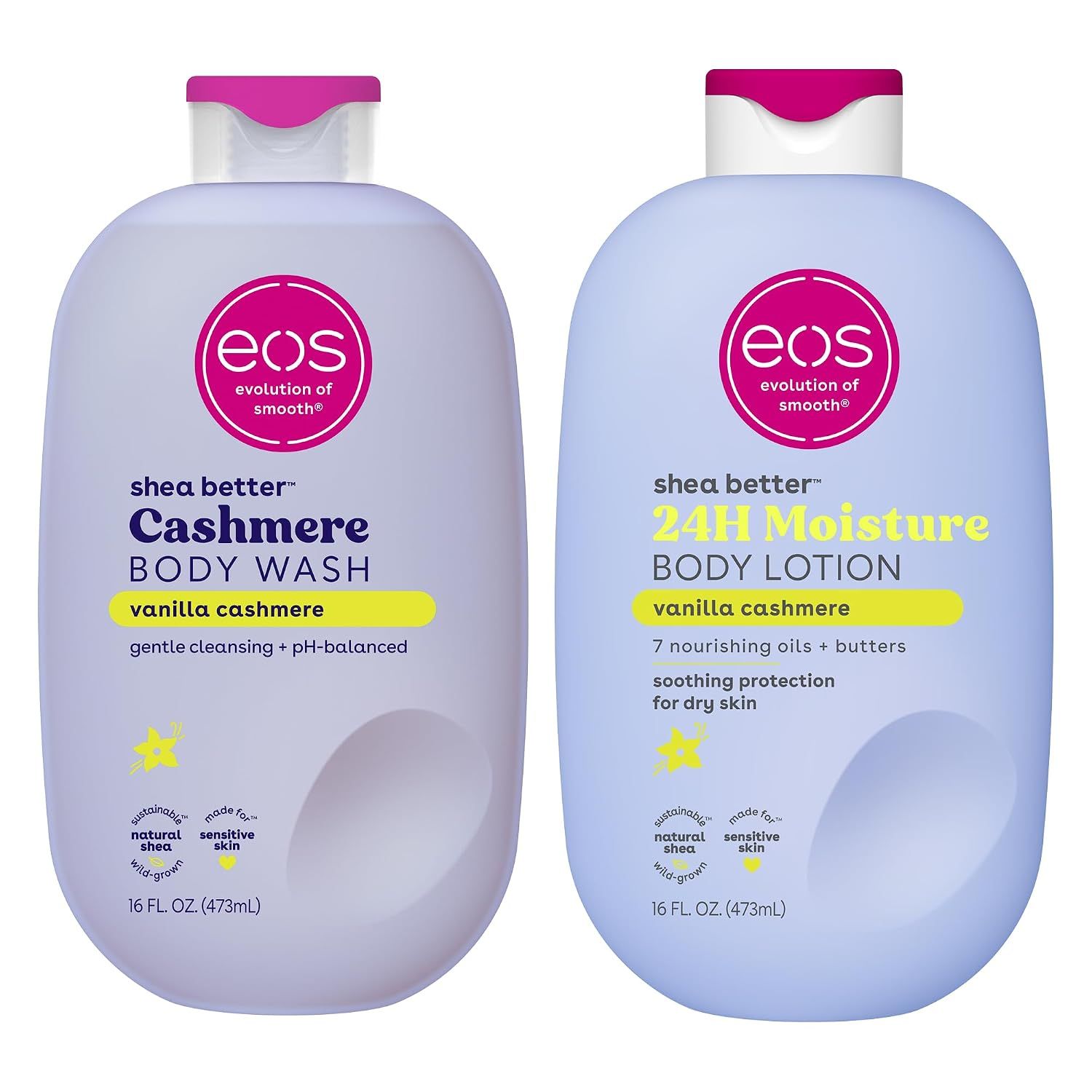 Shows the lotion bottle as the core item so buyers see the main product clearly. Shows the matching body wash bottle so buyers know the set includes a cleanser as well as lotion.