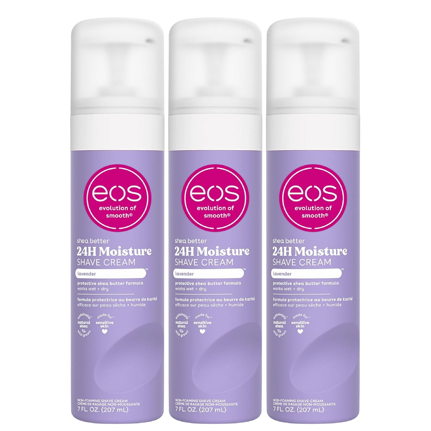Shows three identical shave creams in one set so the shopper sees the full multi-pack contents and the moisturizing shea formula.