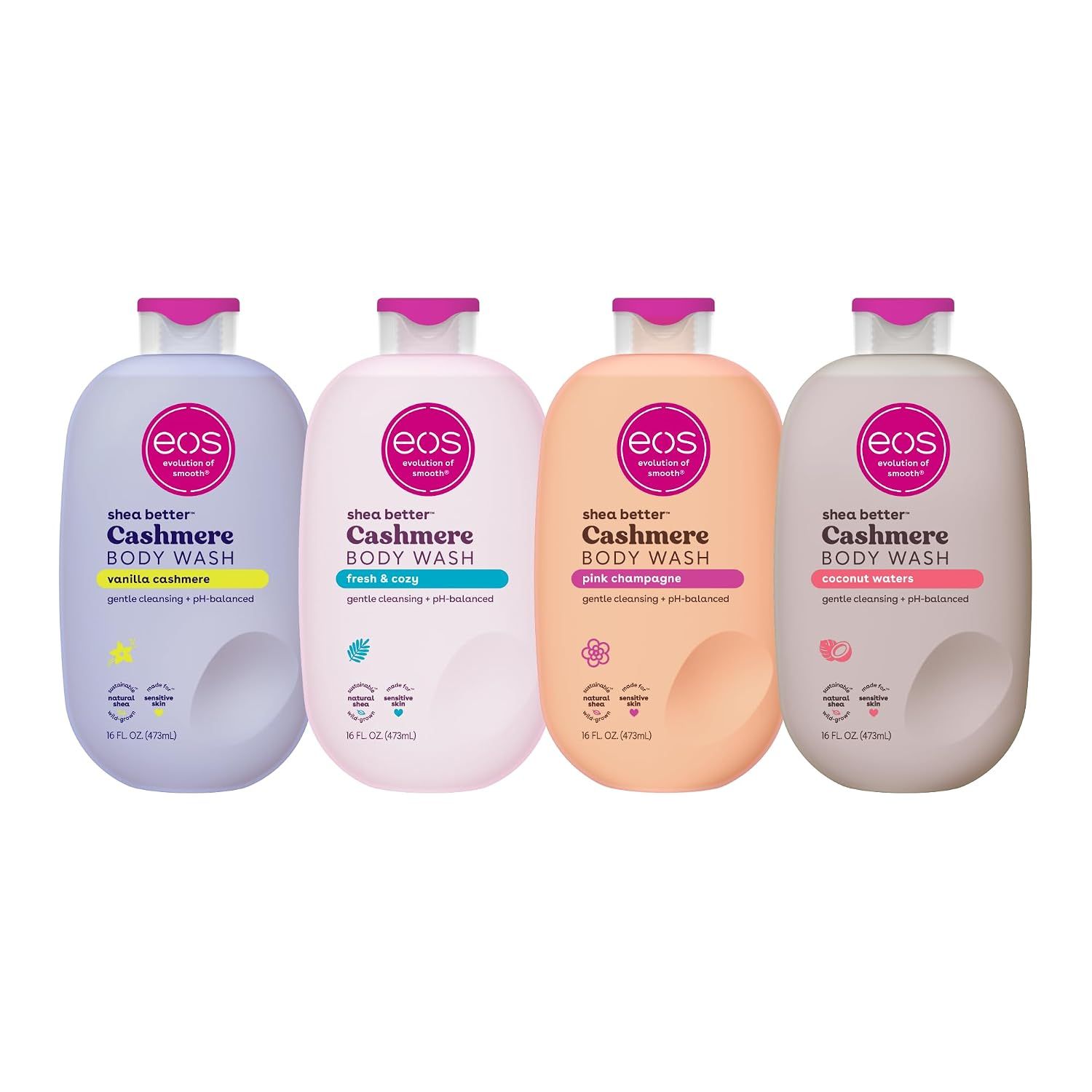 Shows the four-scent body wash bundle together so the shopper sees every included scent in one purchase.