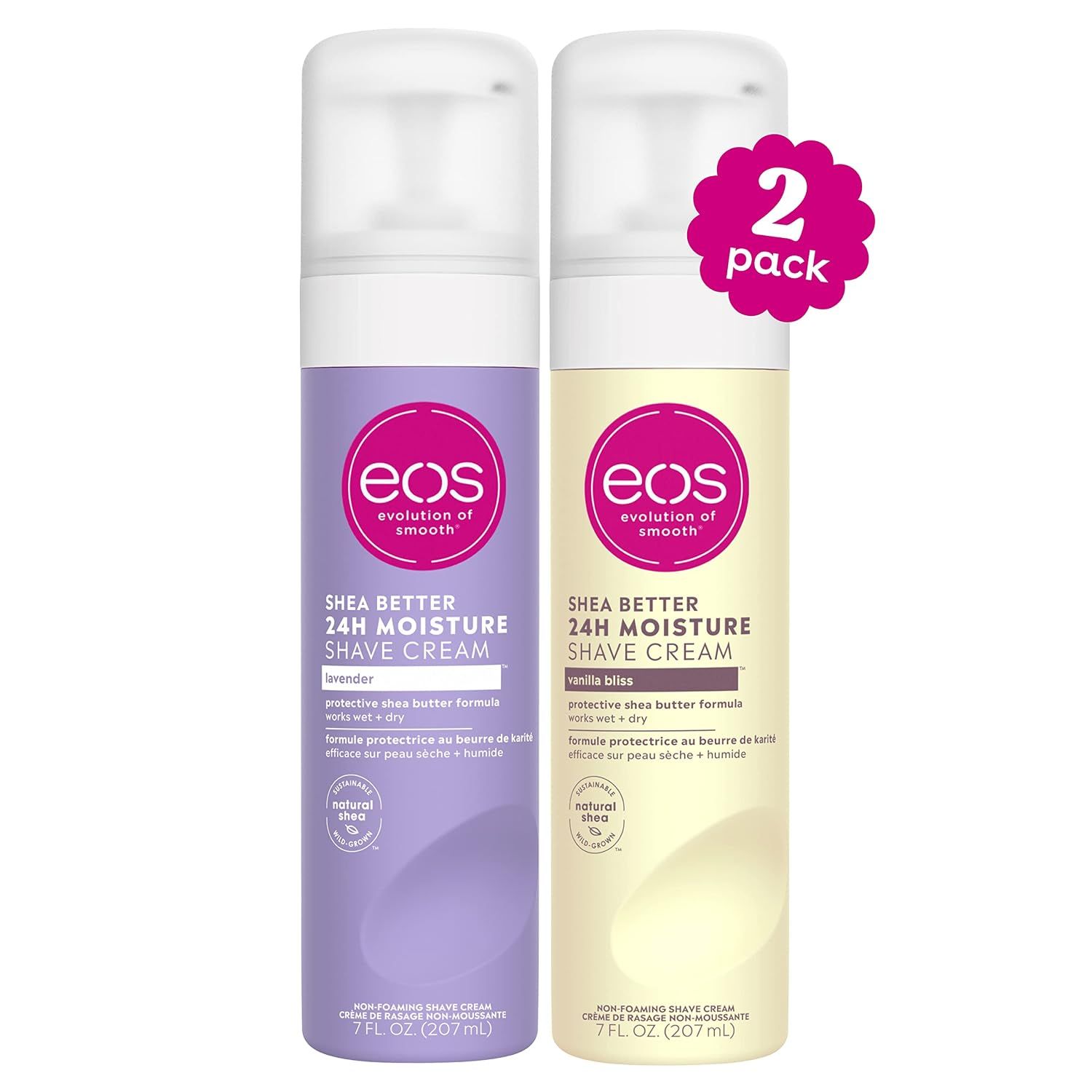 Shows the two included shave creams so the shopper knows what the 2-pack contains. Adds a floating 2 pack callout that signals the quantity at a glance.
