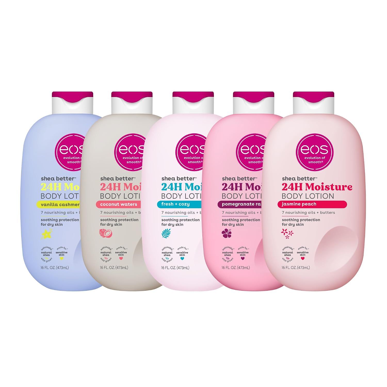 Shows all five body lotion scents together so the shopper sees the full bundle included in one purchase.