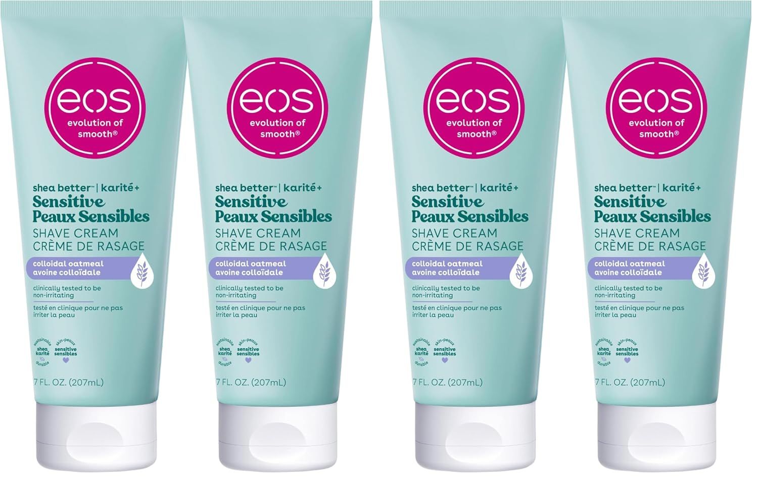 Shows all four 7 oz tubes so the shopper sees the multi-pack size and the sensitive-skin shave cream formula.