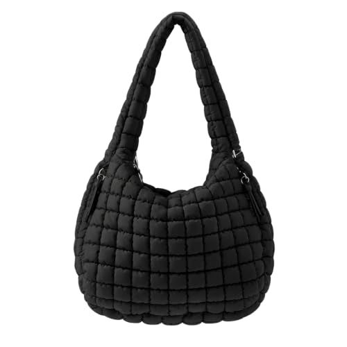 Shows the core black quilted shoulder bag on a clean background so shoppers can see its full shape and puffy quilted texture. Presents the bag with a plain grounded look that makes the bold black…