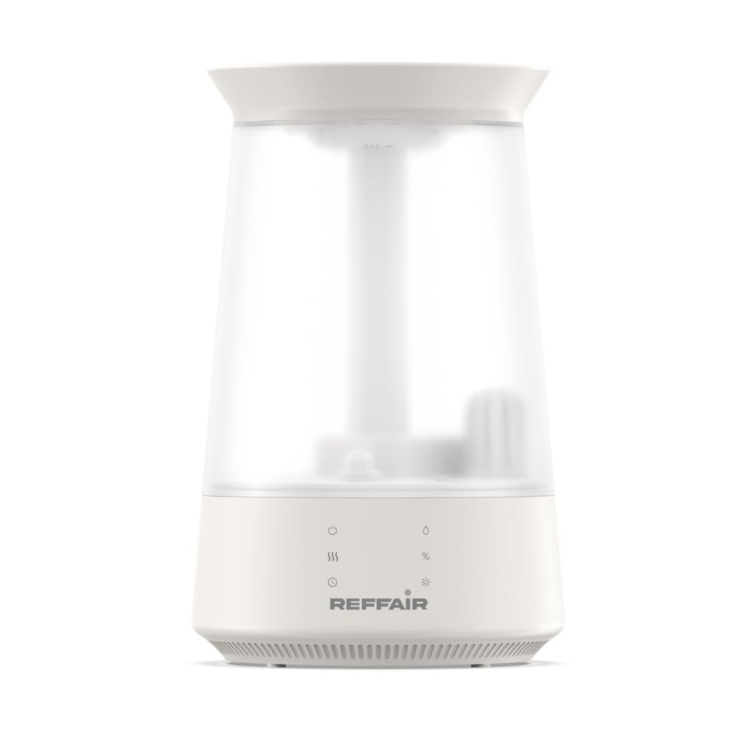 Shows the core humidifier on a clean white background so shoppers can see its design, transparent tank, and control panel clearly. A faint shadow grounds the humidifier on the white backdrop, giving…