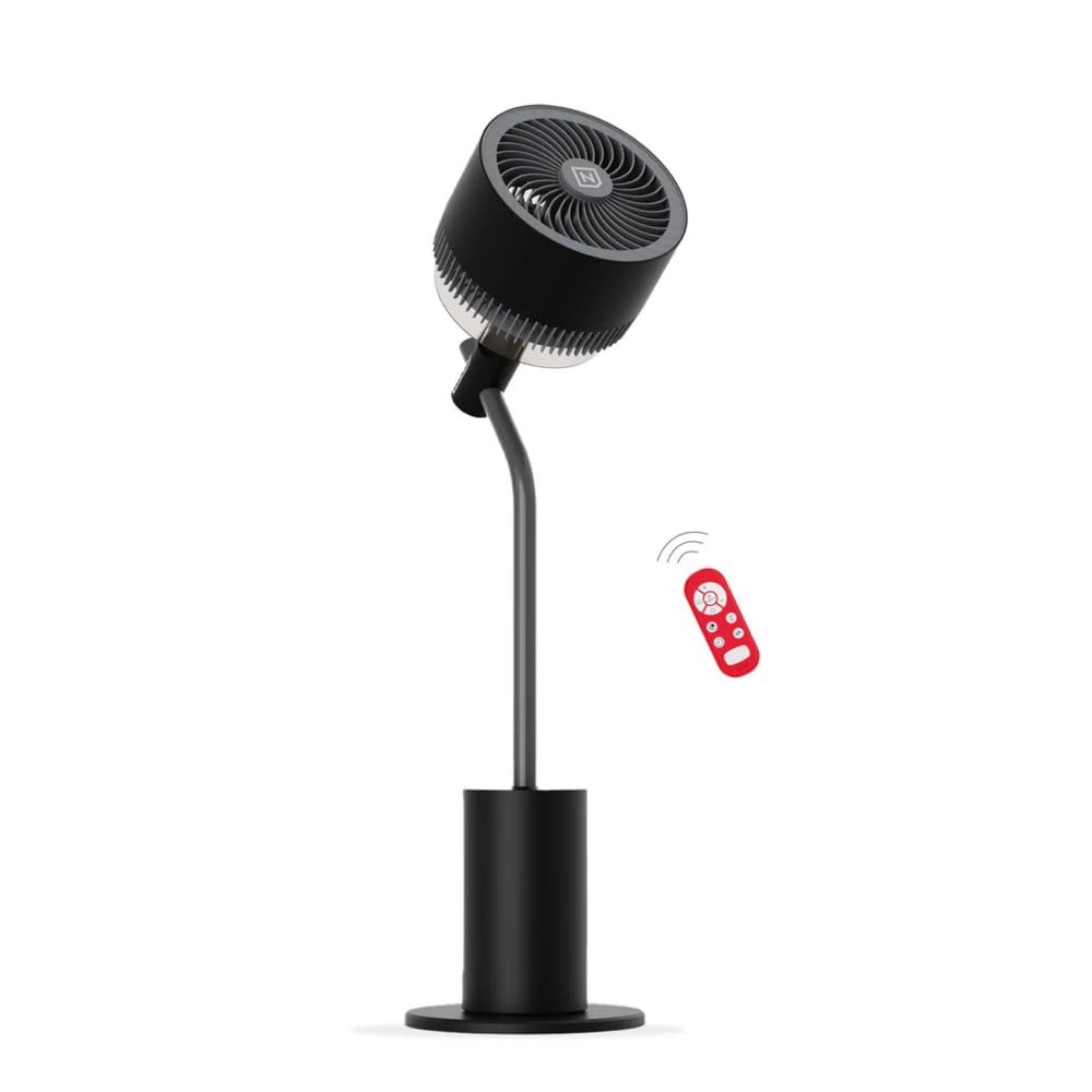 Shows the core black pedestal fan on a clean white background so shoppers can see its design and form. Shows the included red remote control so shoppers know it comes with the fan for easy operation.