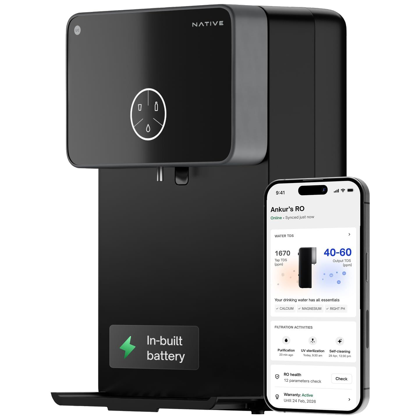 Shows the core black water purifier as the clear hero product so shoppers know exactly what they are buying. Uses a phone screen showing live TDS and filtration status to convey smart monitoring in…