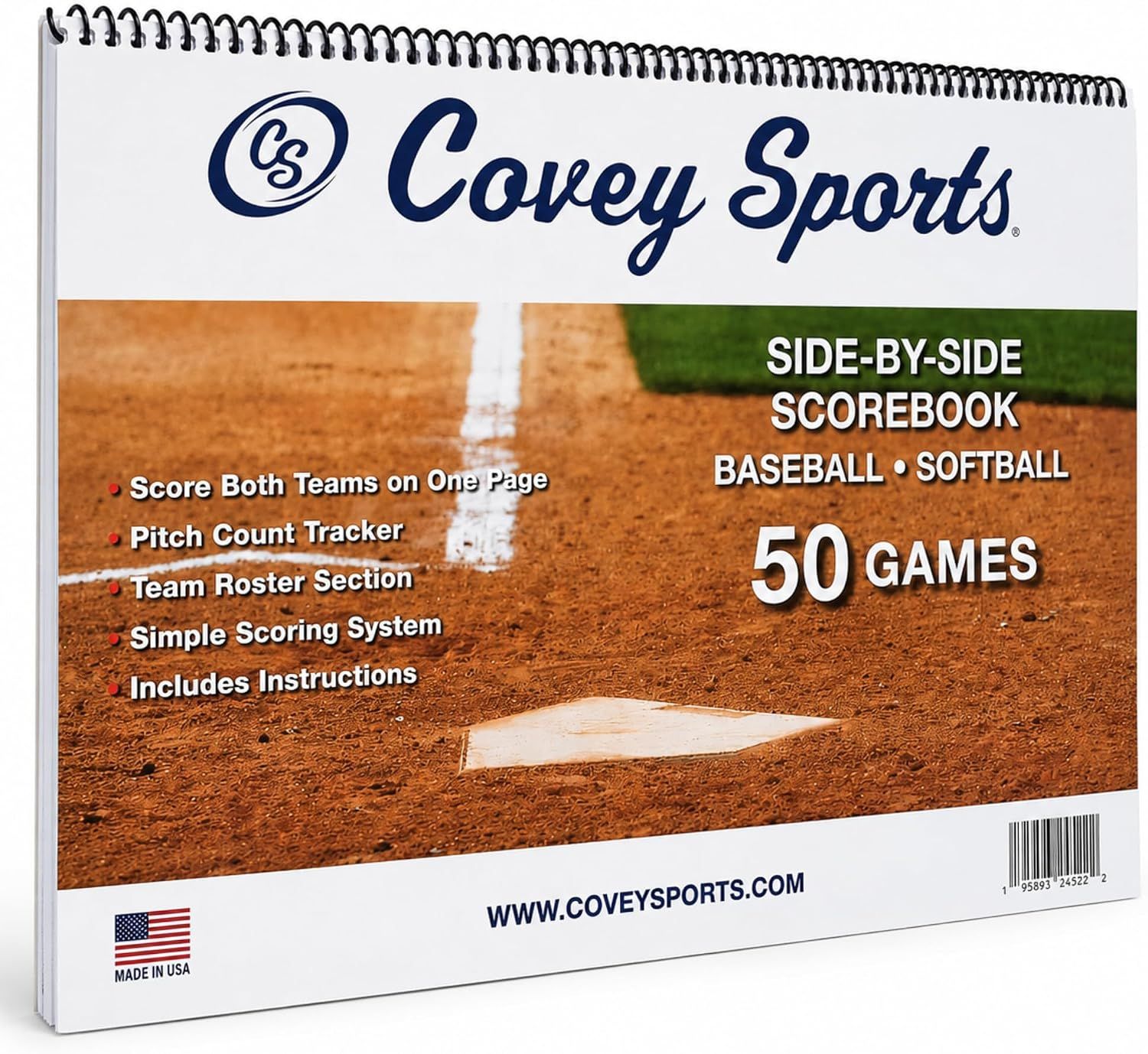 Shows the core spiral scorebook clearly so shoppers know exactly what they are buying for baseball and softball scoring. Lists the scorebook's key features so shoppers understand how it helps them…